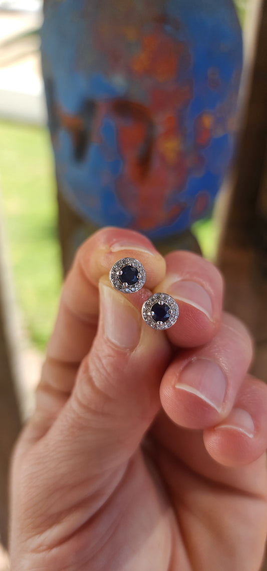 Sterling Silver Sapphire Halo Stud Earrings.