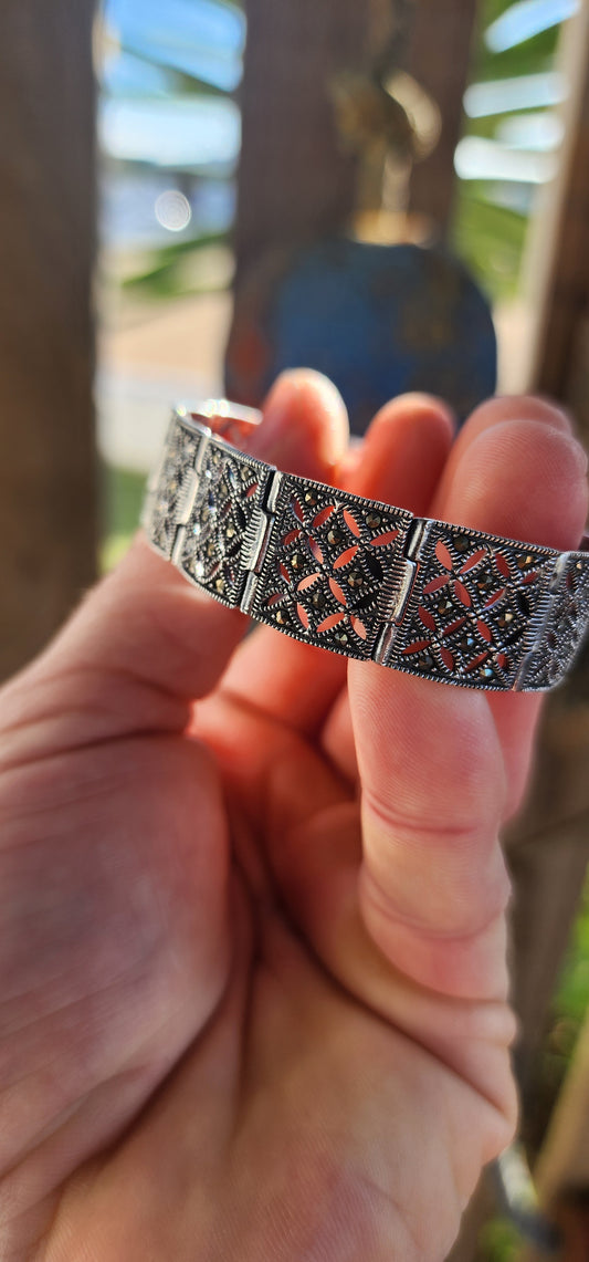 Exquisite and substantial Art Deco revival sterling silver and marcasite panel bracelet.