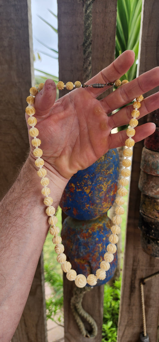 “A Garden of Ivory Roses” 
An absolutely sublime antique treasure — this extra-length strand of hand-carved pre-ban ivory beads is a masterpiece of craftsmanship and grace.