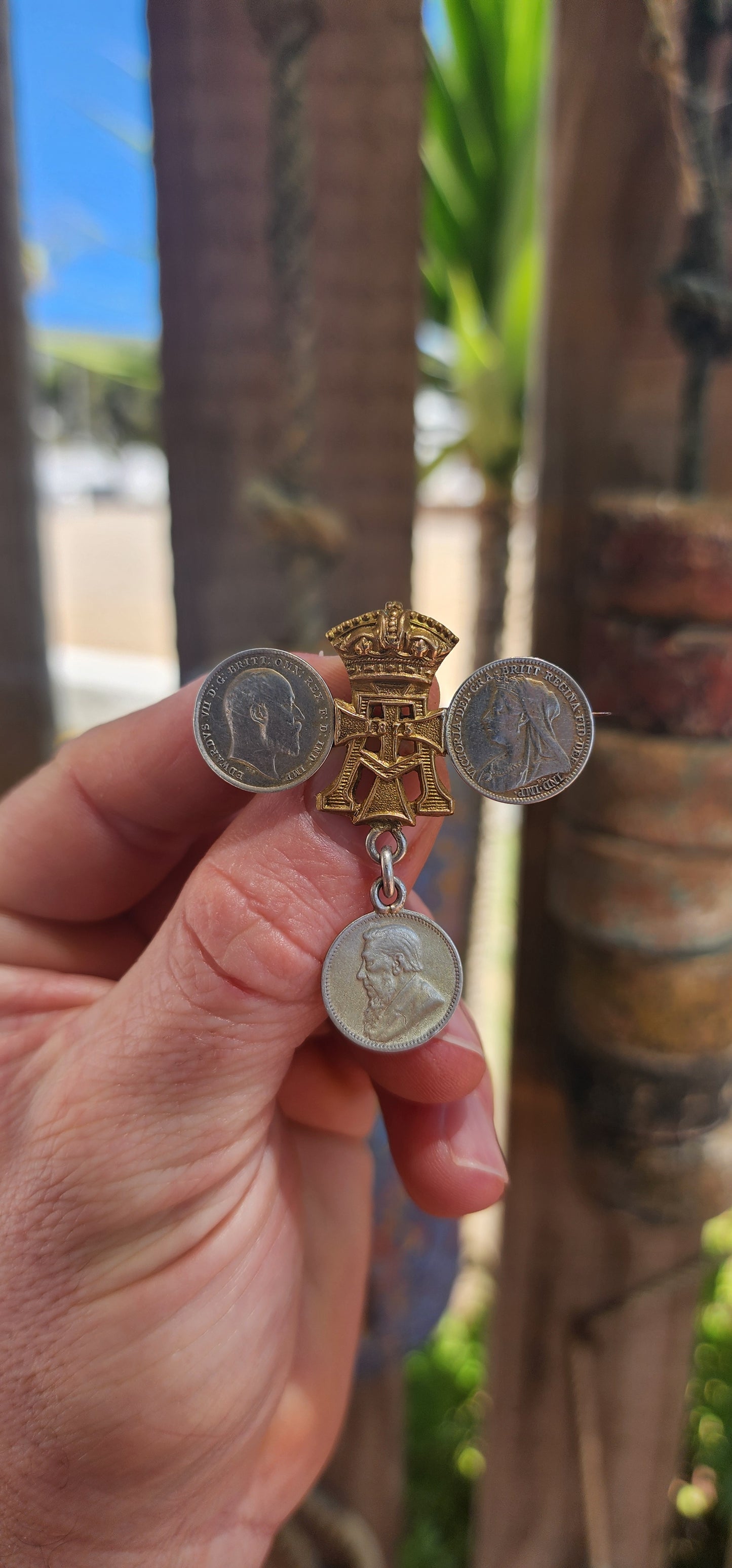 Antique WWI Sweetheart Coin Brooch featuring ZAR + British Coinage.