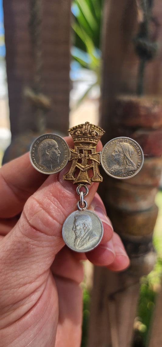 Antique WWI Sweetheart Coin Brooch featuring ZAR + British Coinage.