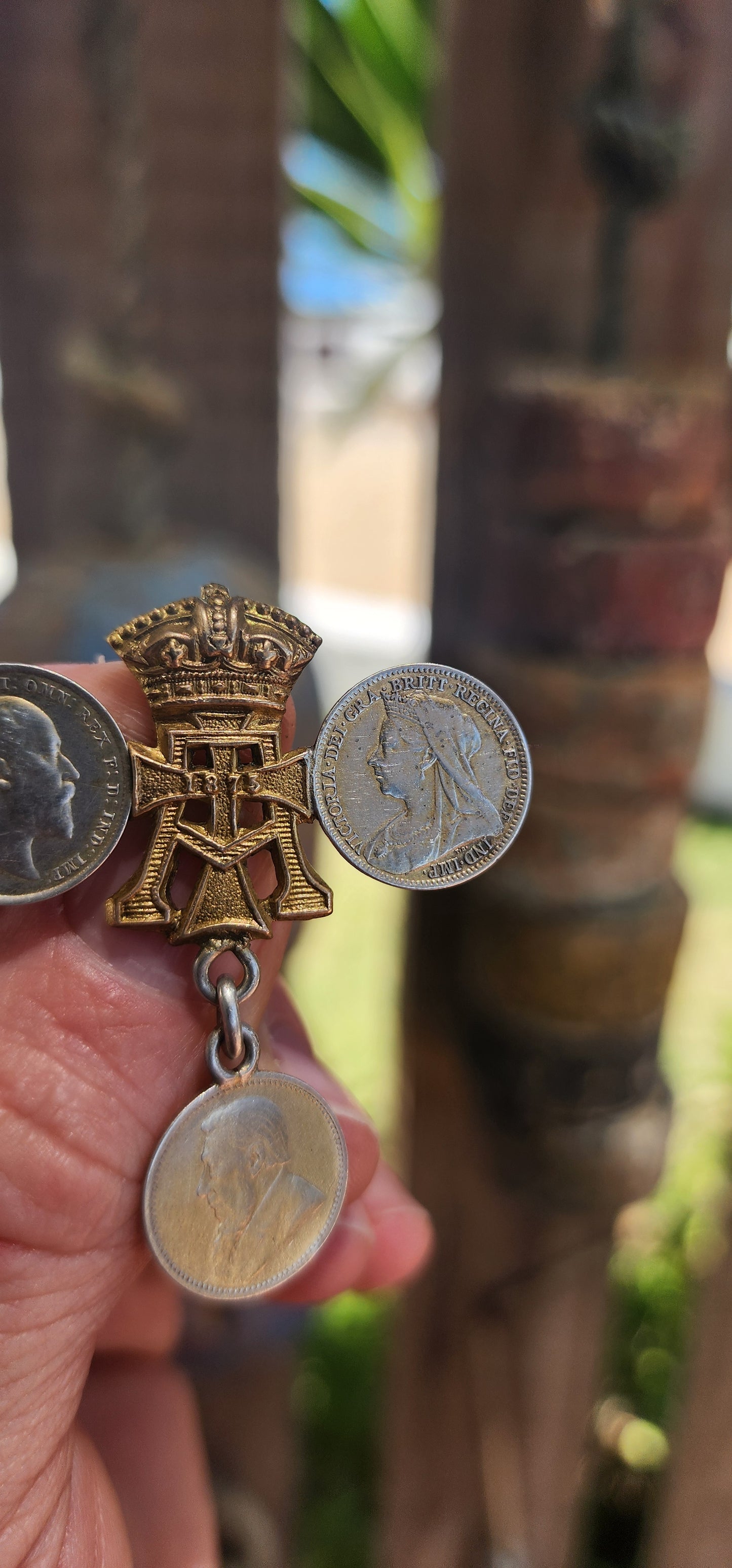 Antique WWI Sweetheart Coin Brooch featuring ZAR + British Coinage.