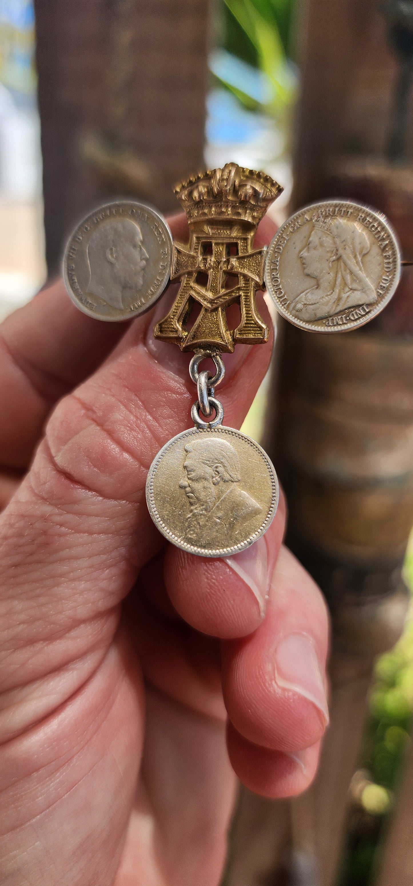 Antique WWI Sweetheart Coin Brooch featuring ZAR + British Coinage.