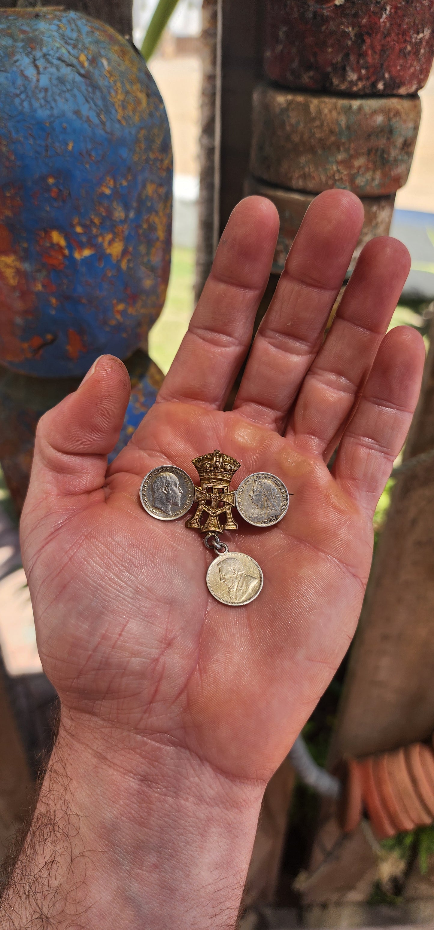 Antique WWI Sweetheart Coin Brooch featuring ZAR + British Coinage.
