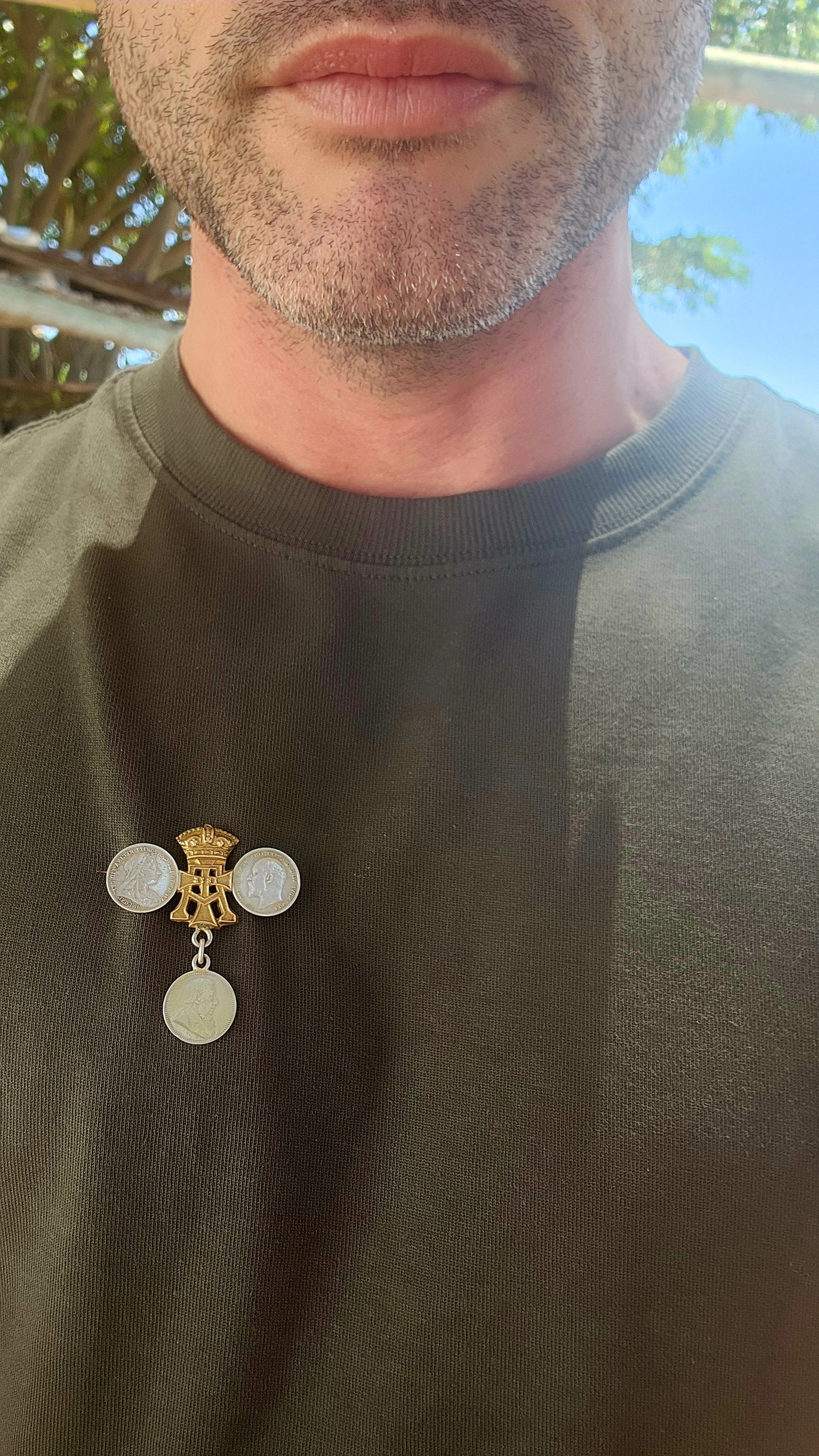 Antique WWI Sweetheart Coin Brooch featuring ZAR + British Coinage.