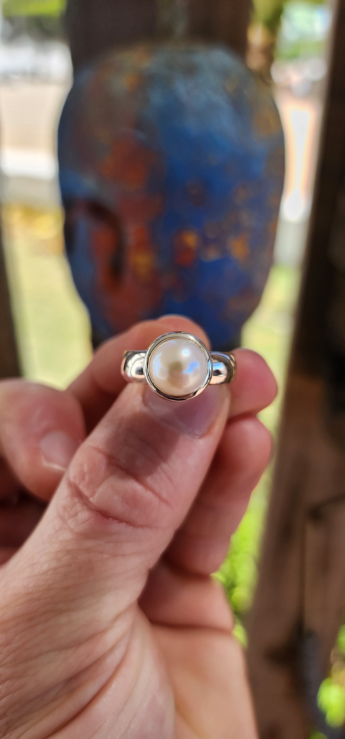 Modernist Sterling Silver Pearl Solitaire Ring.