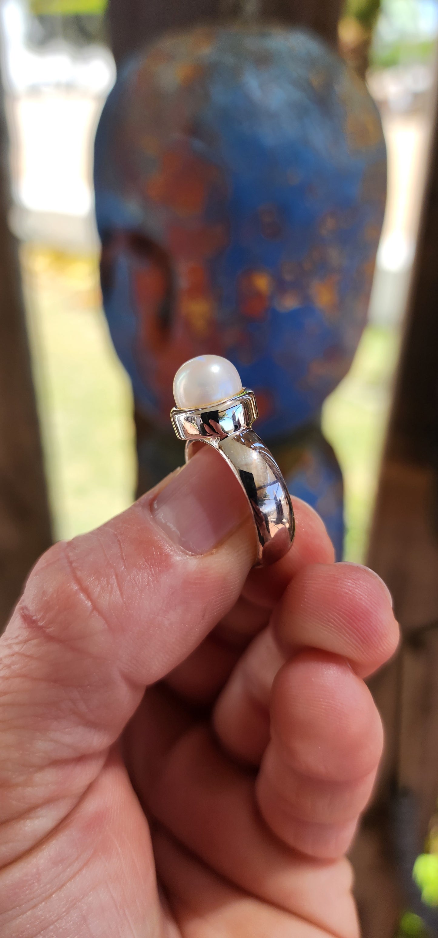 Modernist Sterling Silver Pearl Solitaire Ring.
