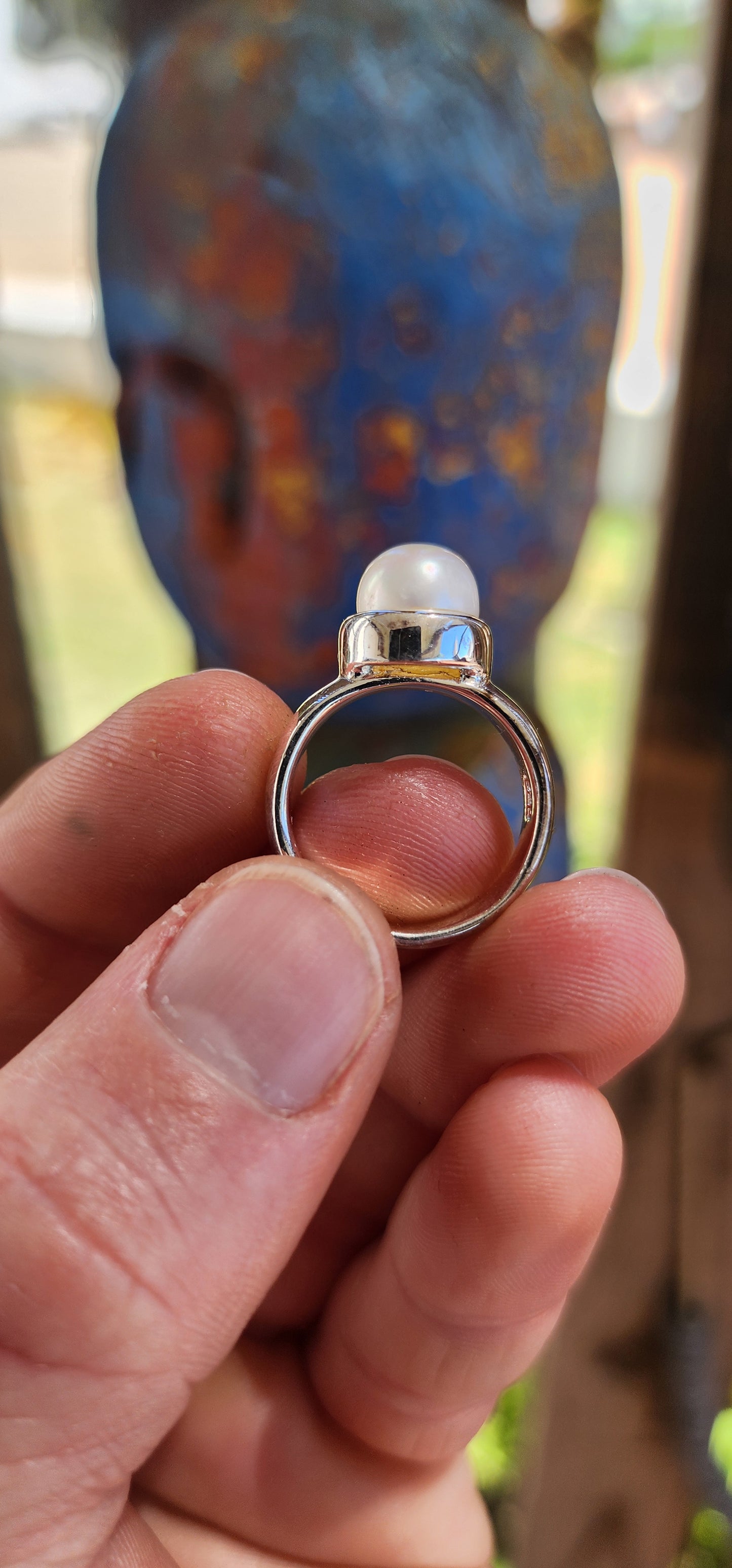 Modernist Sterling Silver Pearl Solitaire Ring.