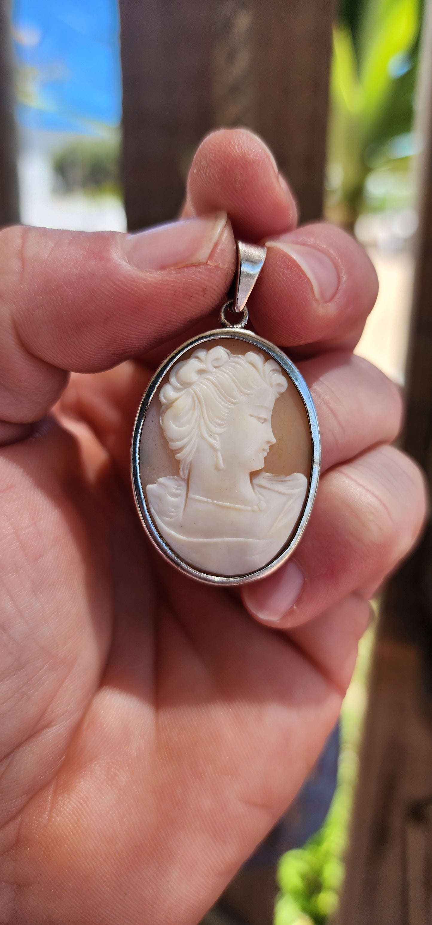 Beautifull and generous in size vintage shell cameo pendant, lovingly set in a sleek sterling silver tube-style frame.