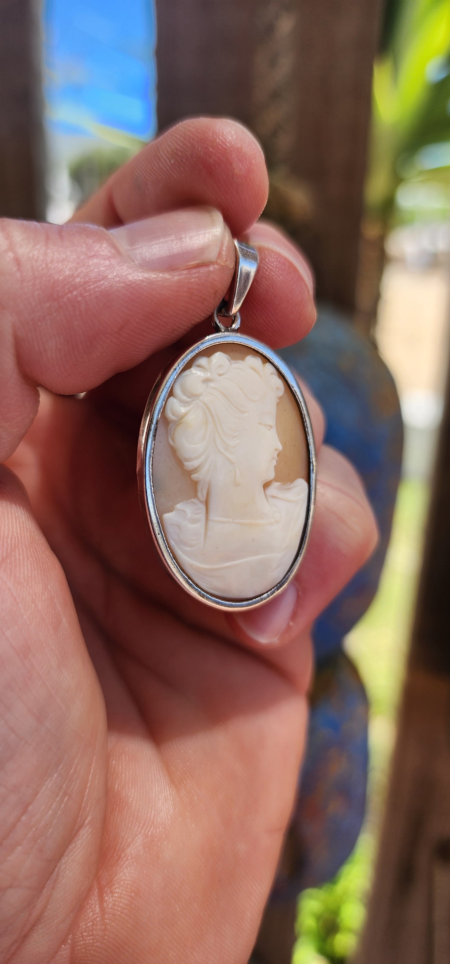 Beautifull and generous in size vintage shell cameo pendant, lovingly set in a sleek sterling silver tube-style frame.