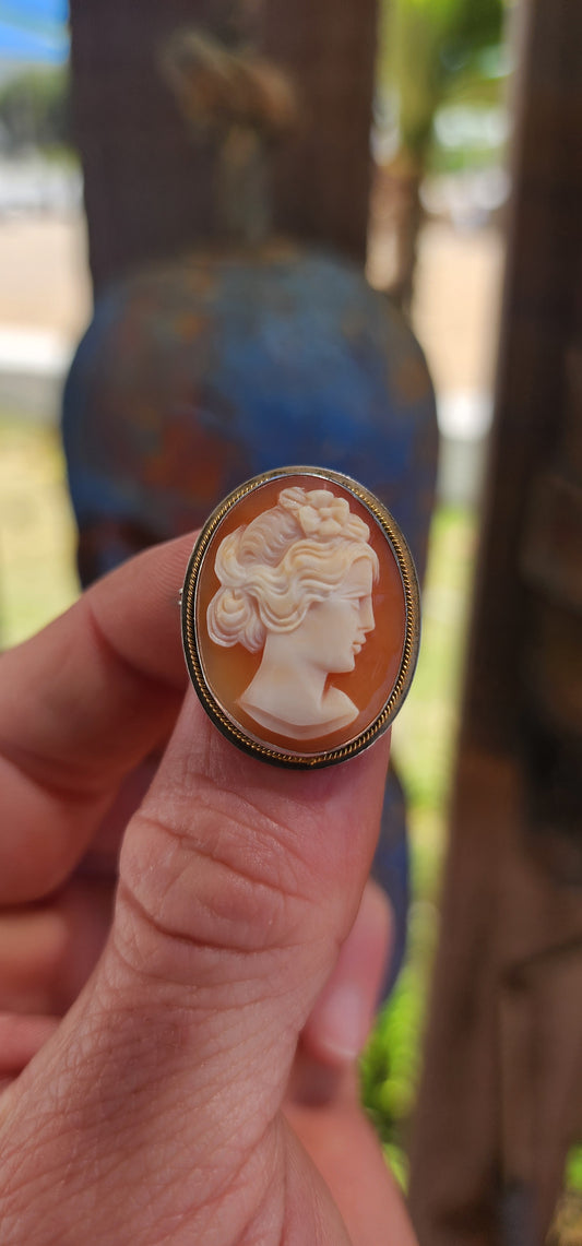 Vintage Hand-Carved Shell Cameo Brooch / Pendant — .900 Silver.