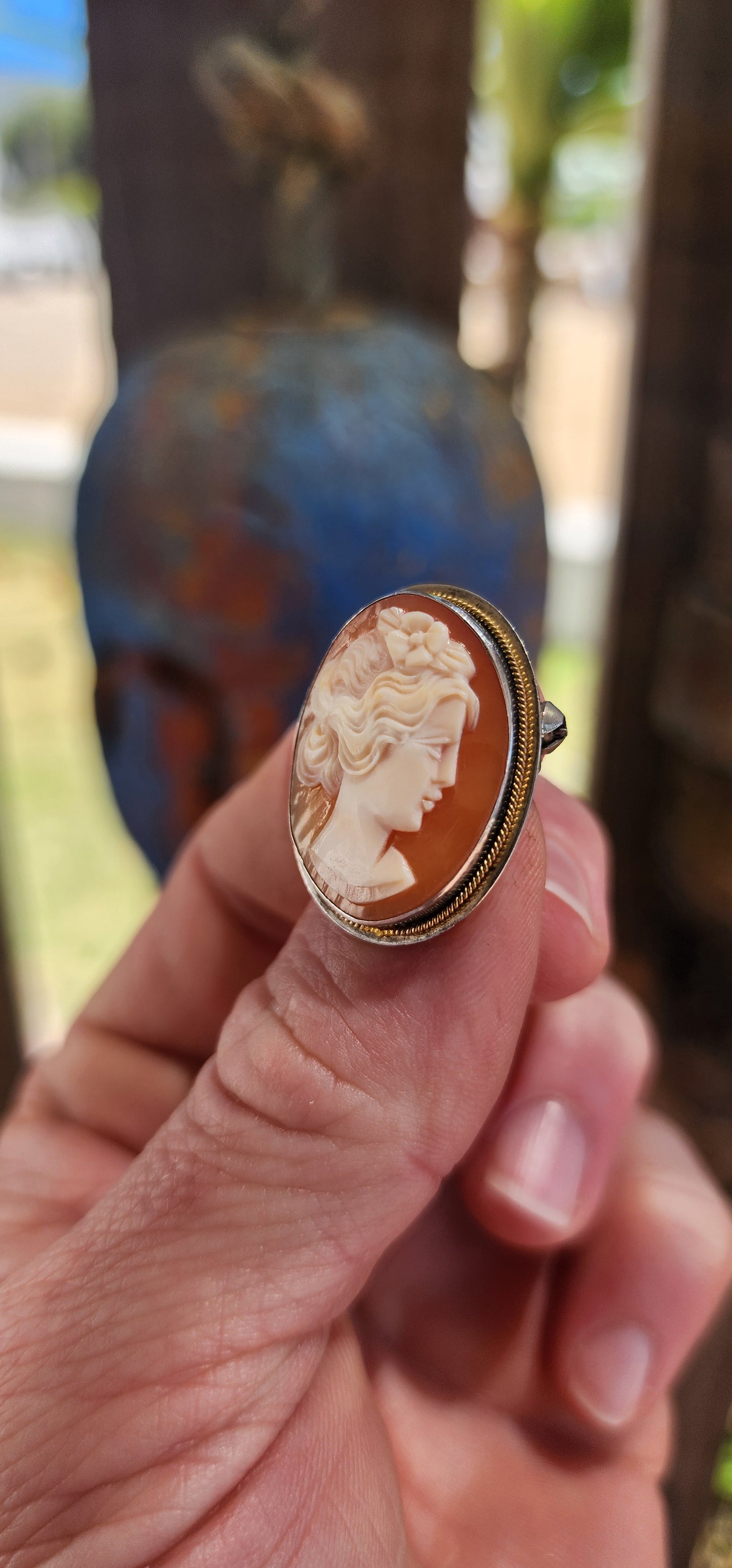 Vintage Hand-Carved Shell Cameo Brooch / Pendant — .900 Silver.