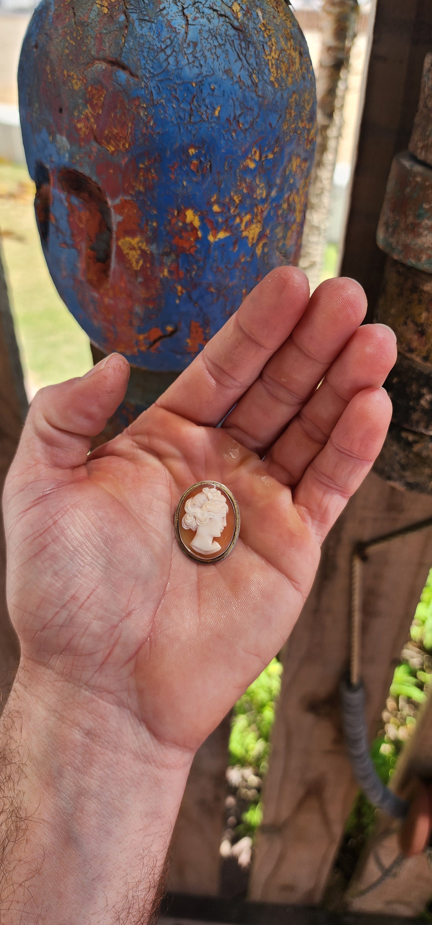 Vintage Hand-Carved Shell Cameo Brooch / Pendant — .900 Silver.