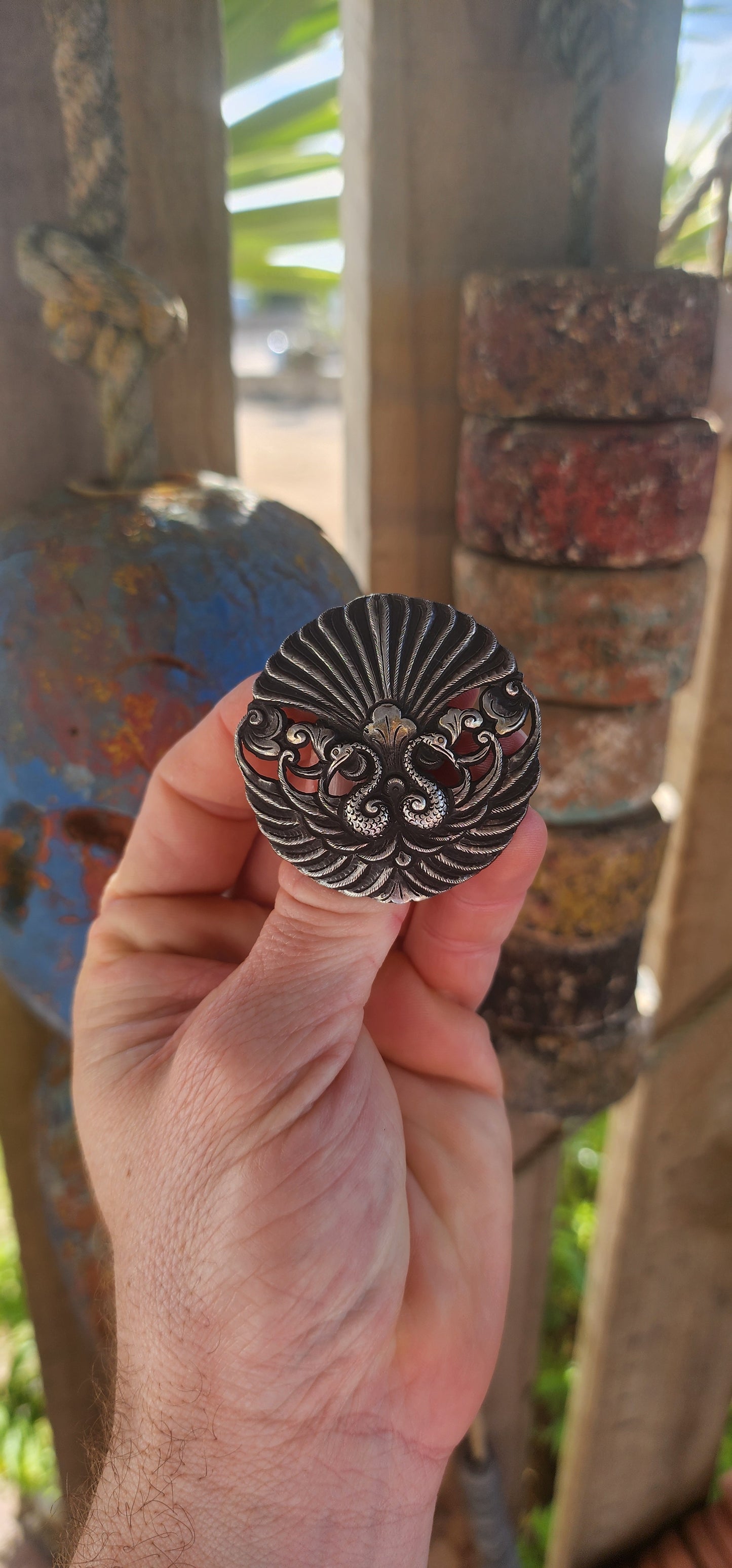 An exceptional treasure from the Indonesian island of Java — this Art Deco-era .800 silver brooch is a shining example of Yogyakarta / Djokja (Jogja) silverwork.