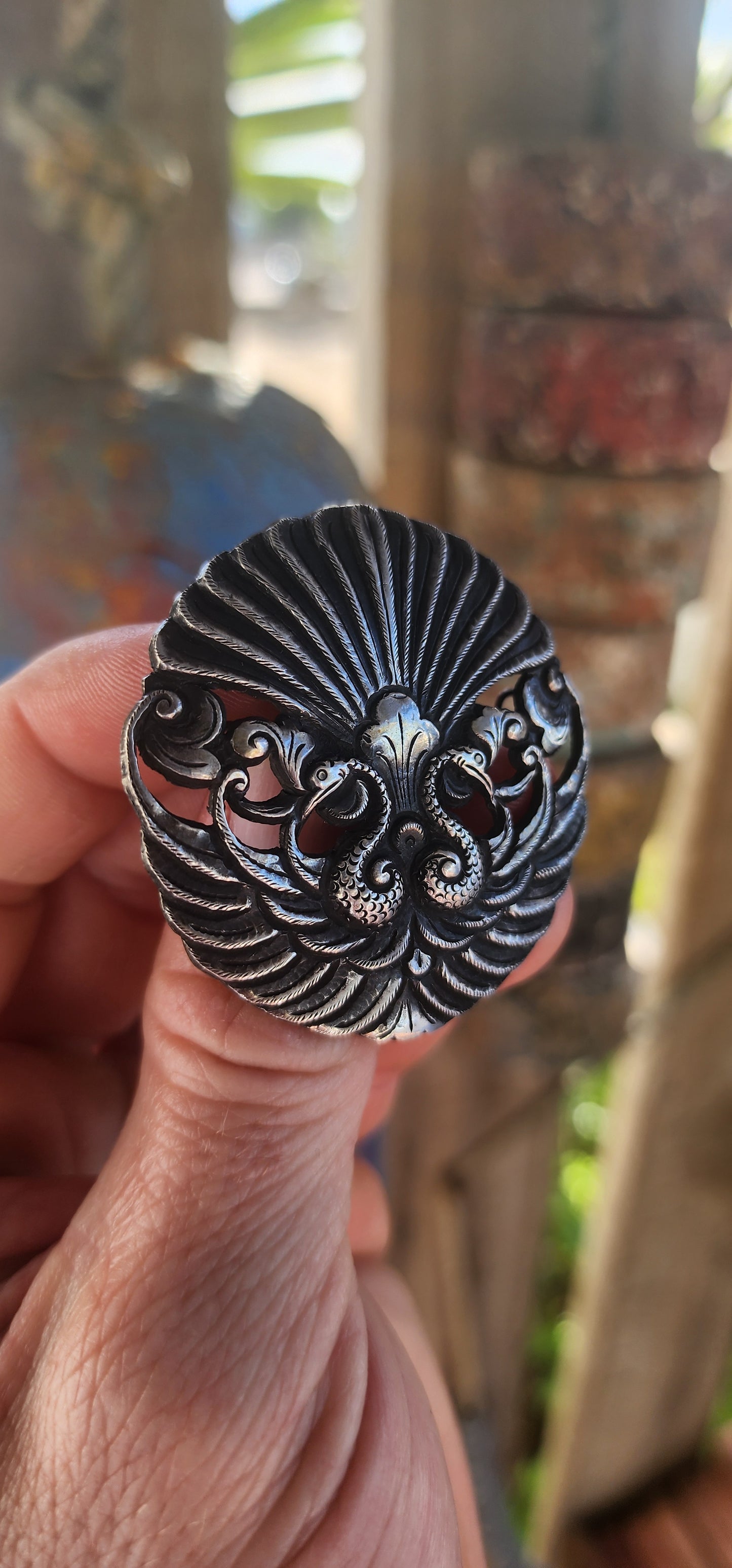 An exceptional treasure from the Indonesian island of Java — this Art Deco-era .800 silver brooch is a shining example of Yogyakarta / Djokja (Jogja) silverwork.