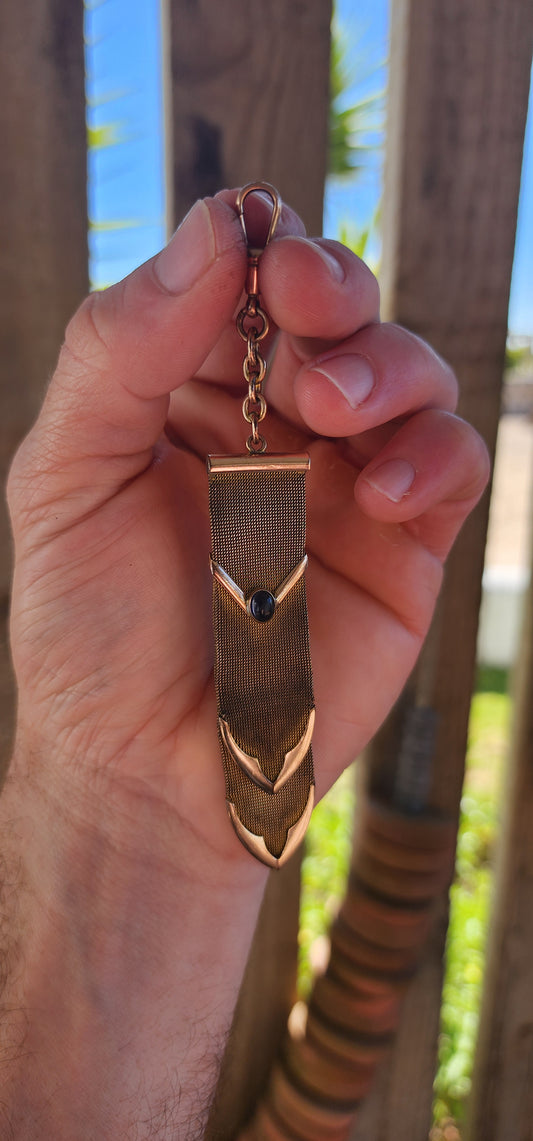 Antique Victorian Rose-Gold Plated Mesh Watch Fob with Faux Sapphire Accent
c. 1880–1900.