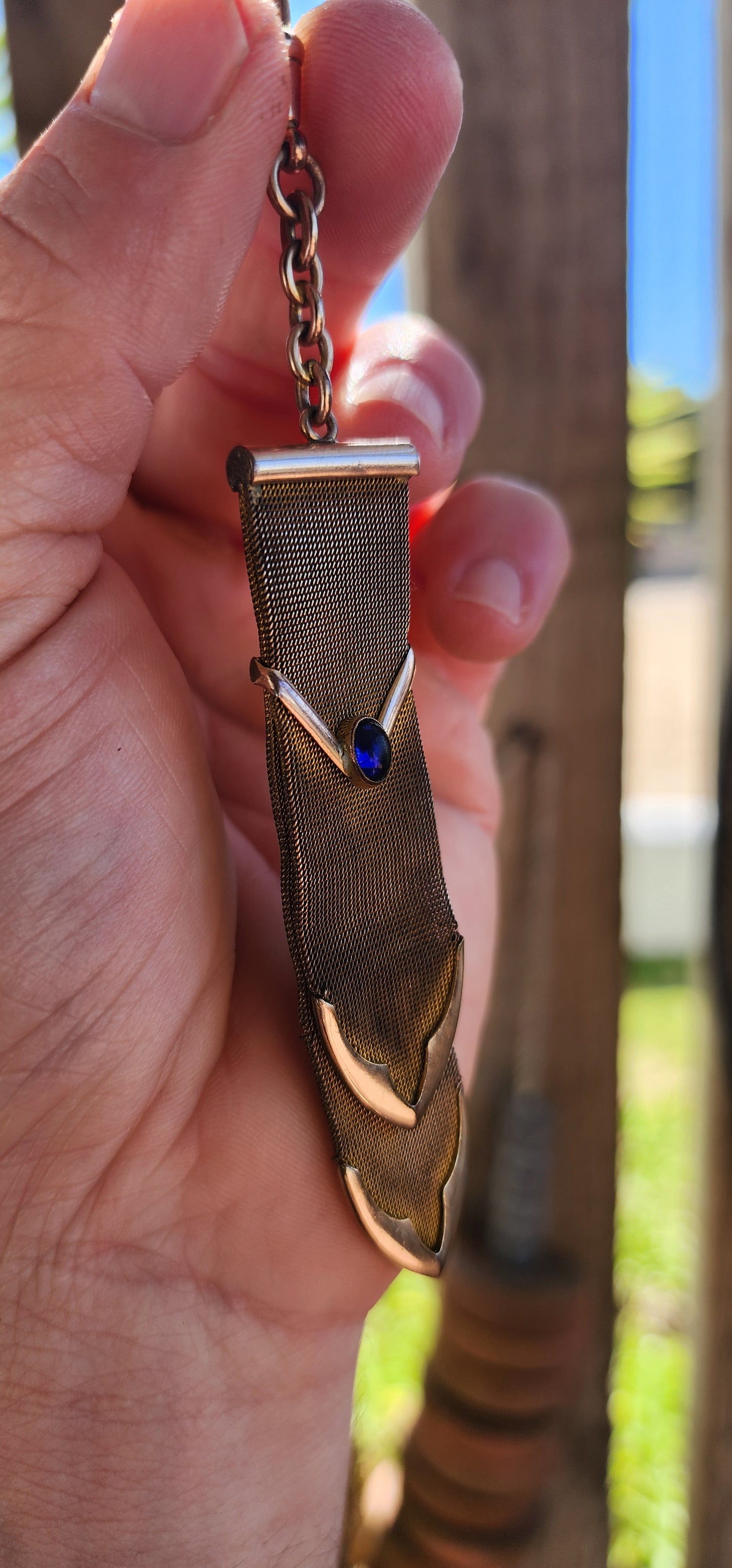 Antique Victorian Rose-Gold Plated Mesh Watch Fob with Faux Sapphire Accent
c. 1880–1900.