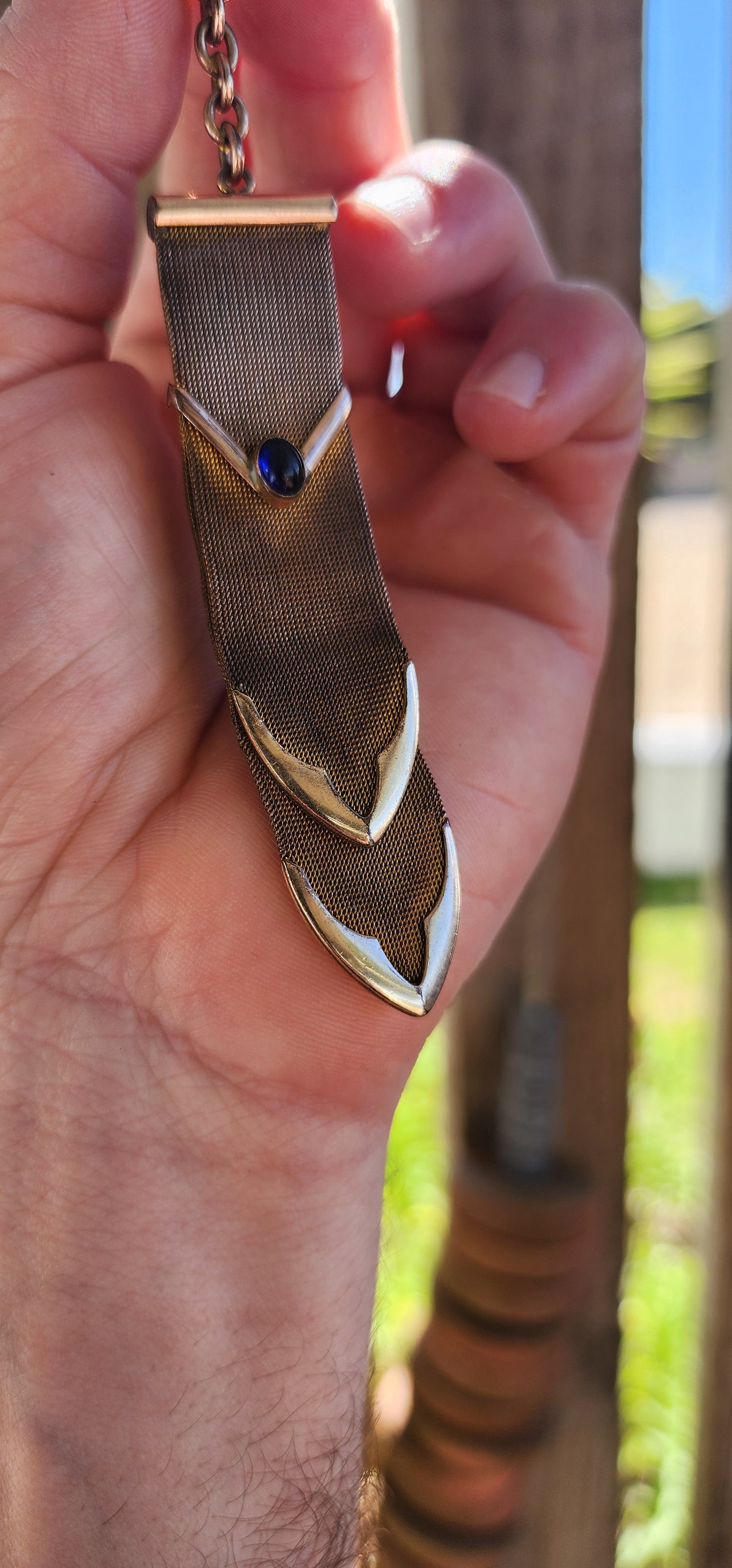 Antique Victorian Rose-Gold Plated Mesh Watch Fob with Faux Sapphire Accent
c. 1880–1900.