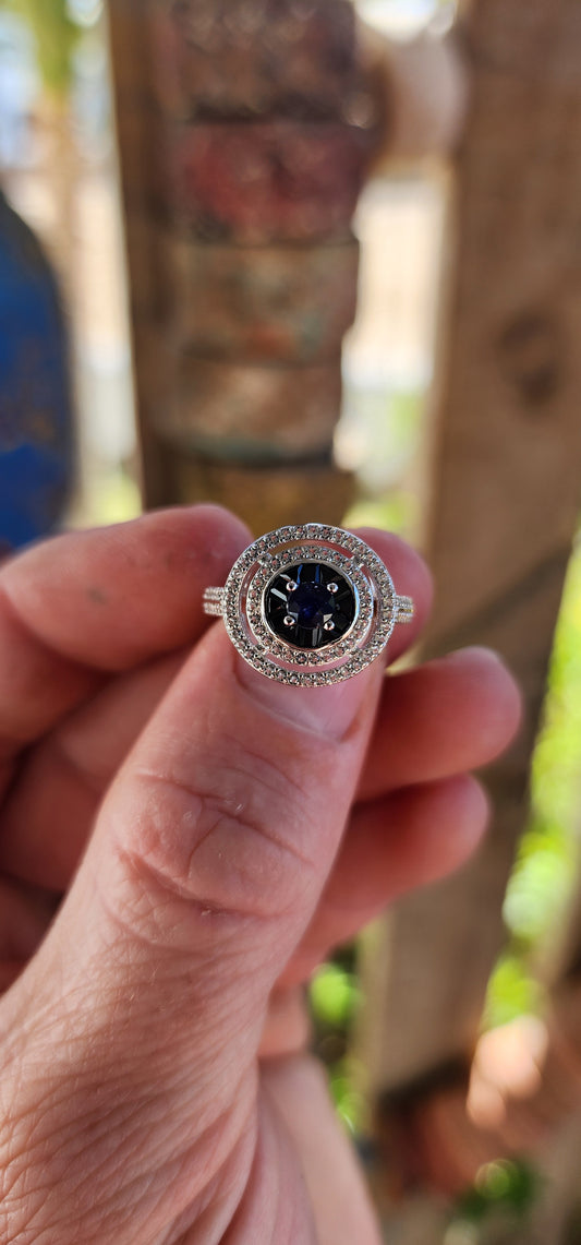 Midnight Constellation – Sapphire Halo Ring.