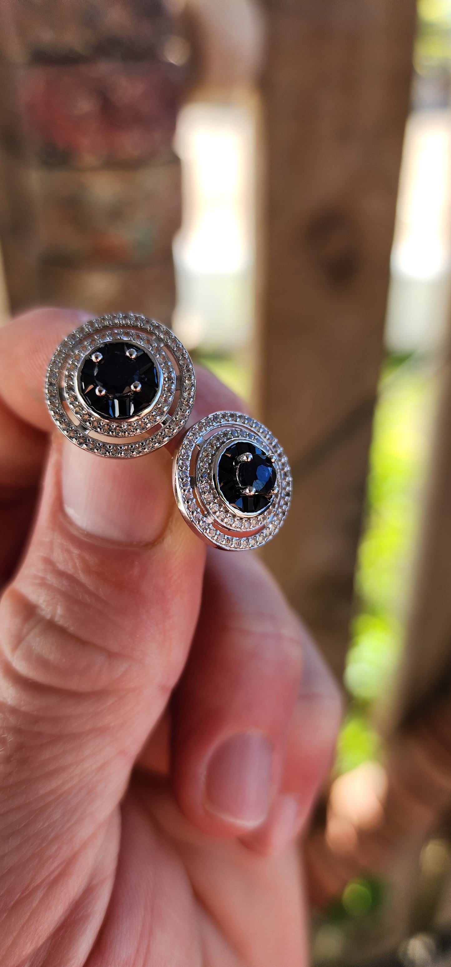 Night-Sky Orbit – Sapphire Halo Stud Earrings.