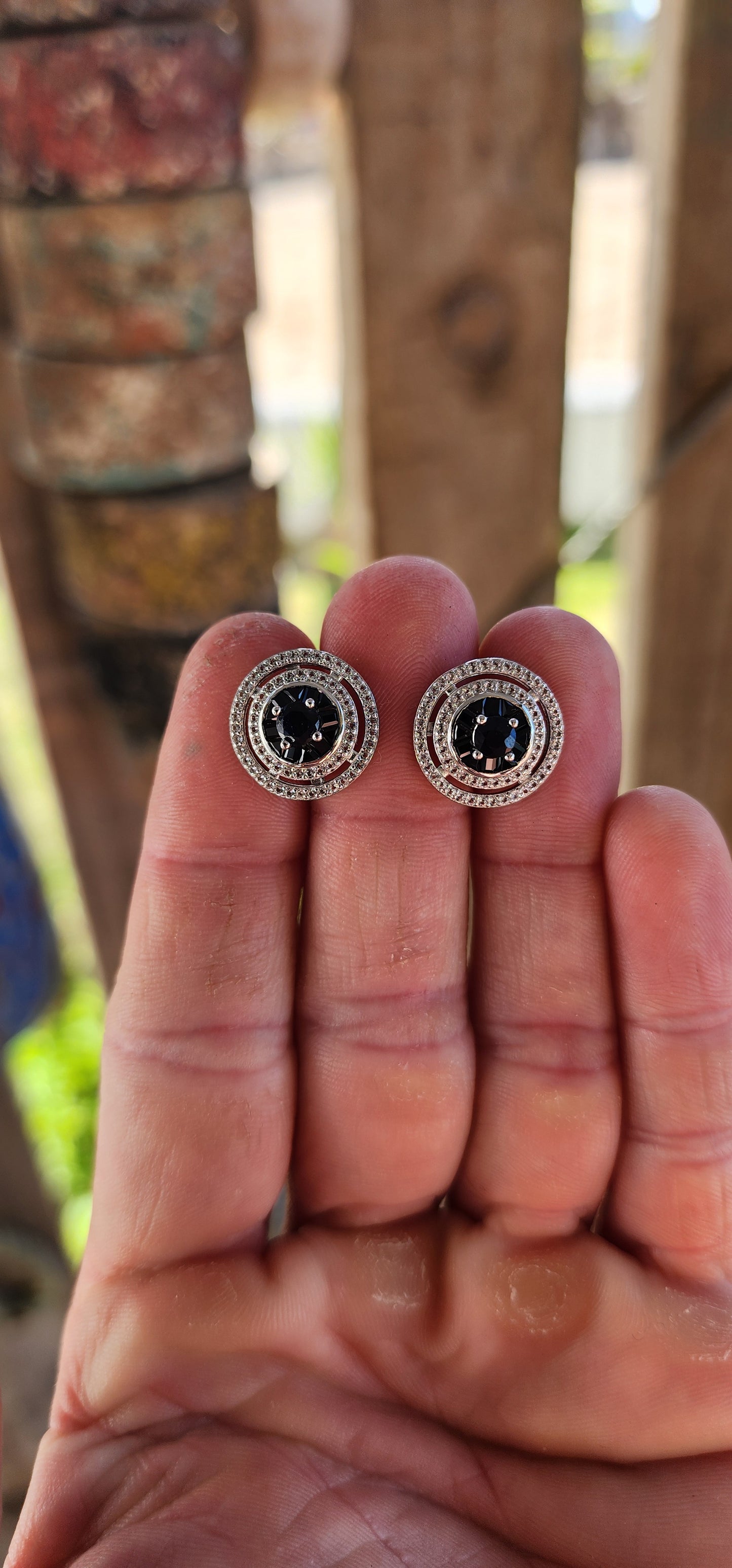 Night-Sky Orbit – Sapphire Halo Stud Earrings.