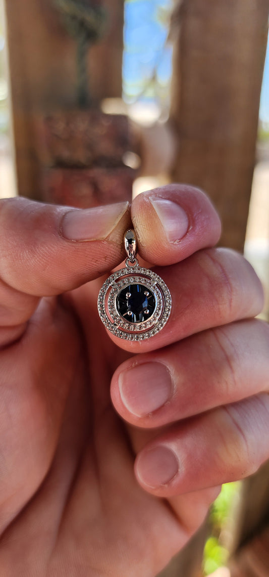 Celestial Orbit – Sapphire Halo Pendant (chain not included).