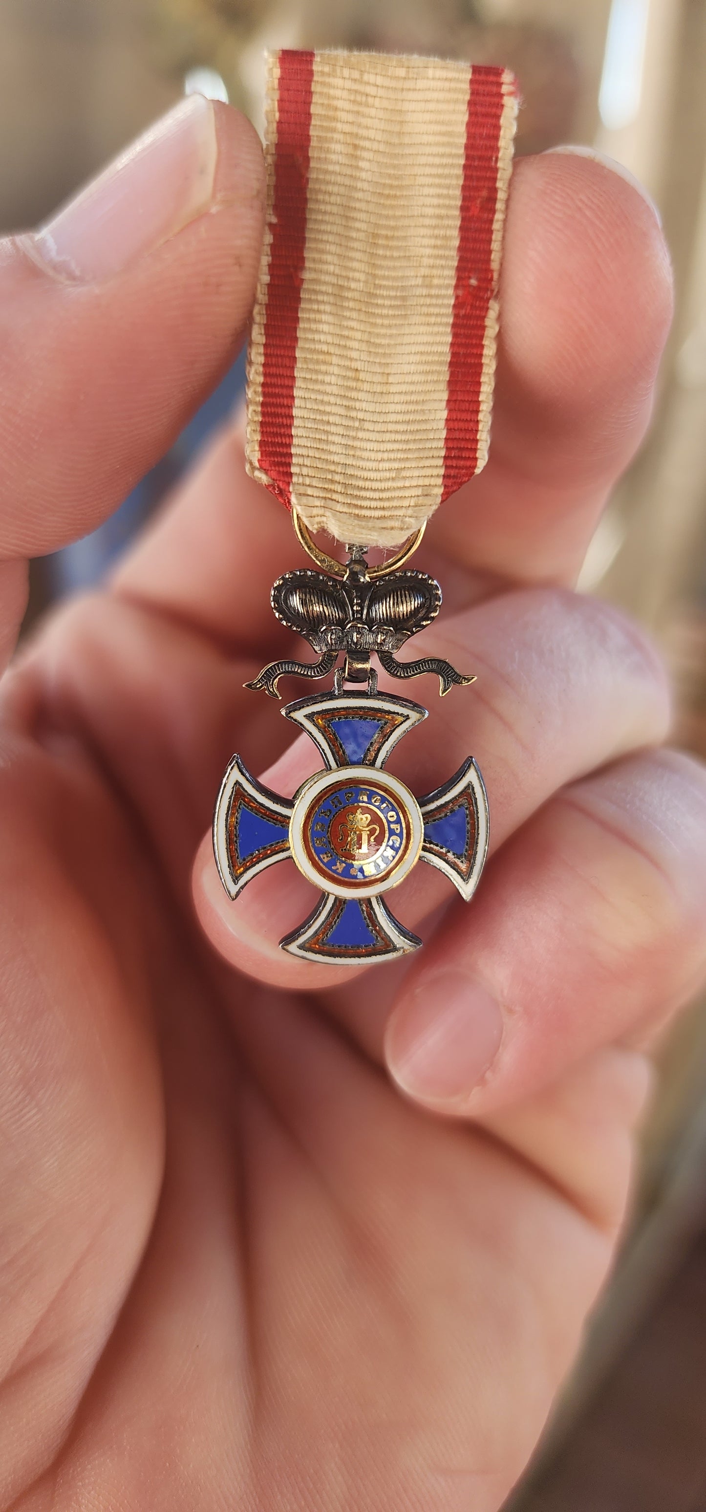 A scarce and beautiful miniature example of the Order of Danilo I (Danilov Orden) from the Kingdom of Montenegro, crafted circa 1900 in sterling silver with exquisite hand-applied enamel.