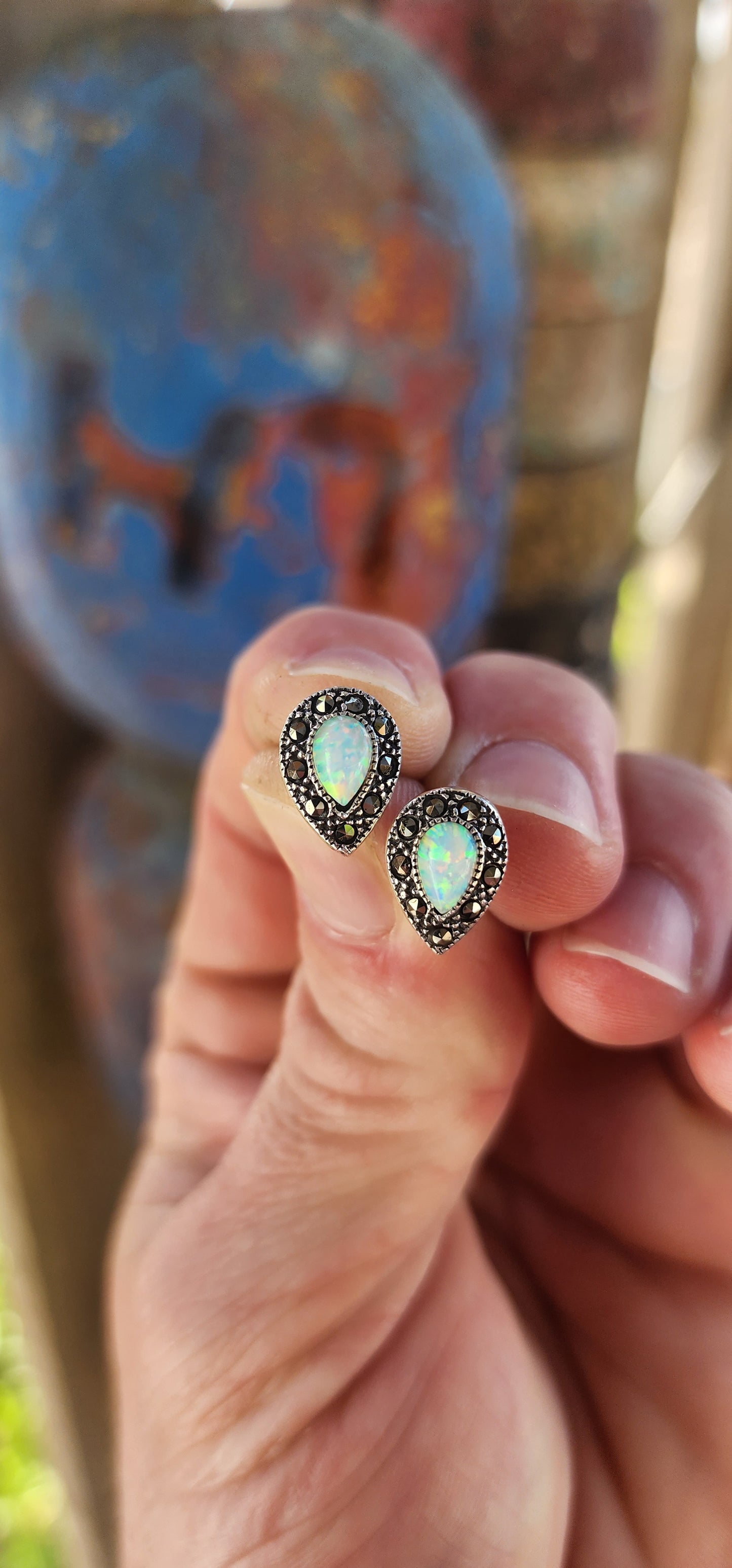 Beautiful Sterling Silver Pear-Cut Kyoto Opal & Marcasite Halo Stud Earrings.