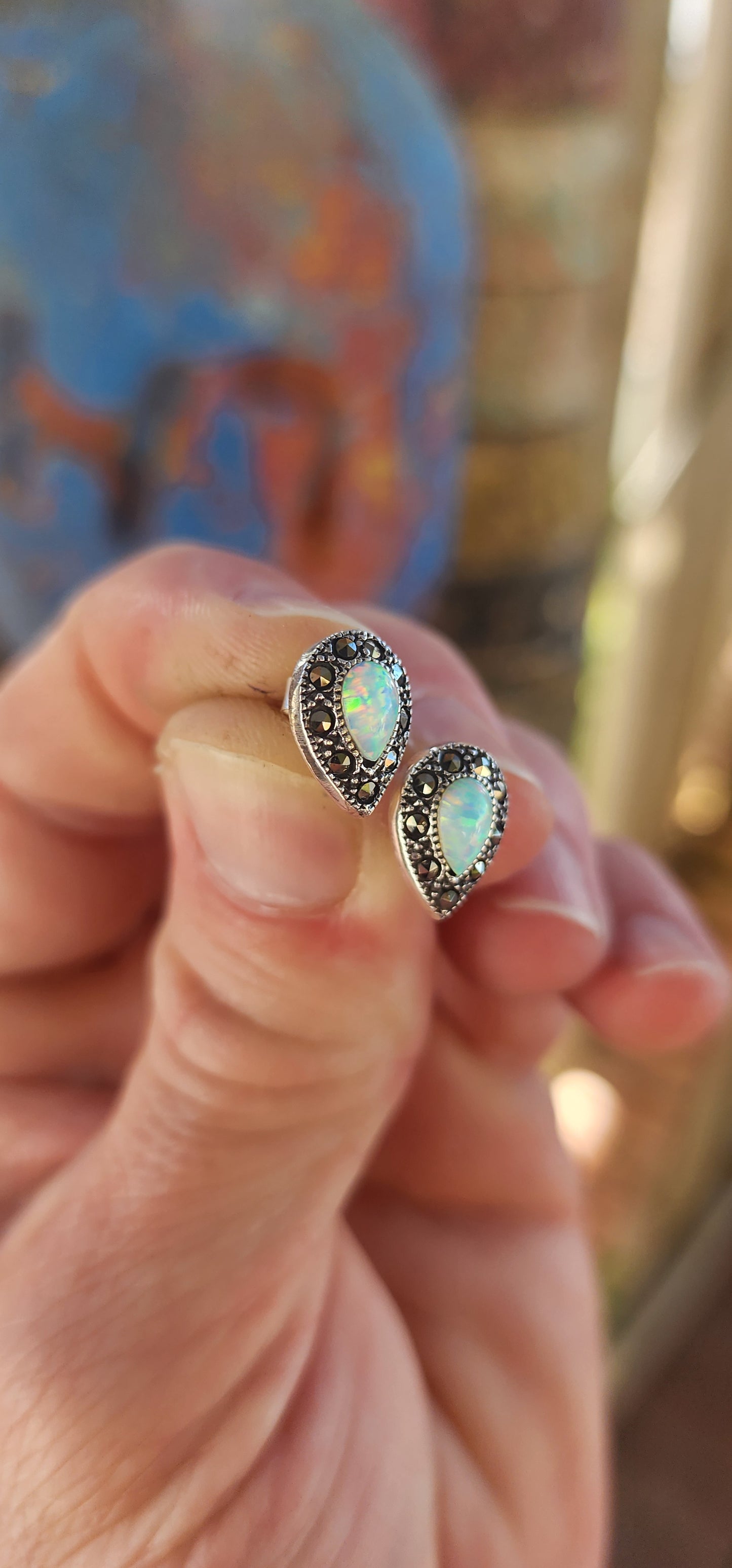 Beautiful Sterling Silver Pear-Cut Kyoto Opal & Marcasite Halo Stud Earrings.