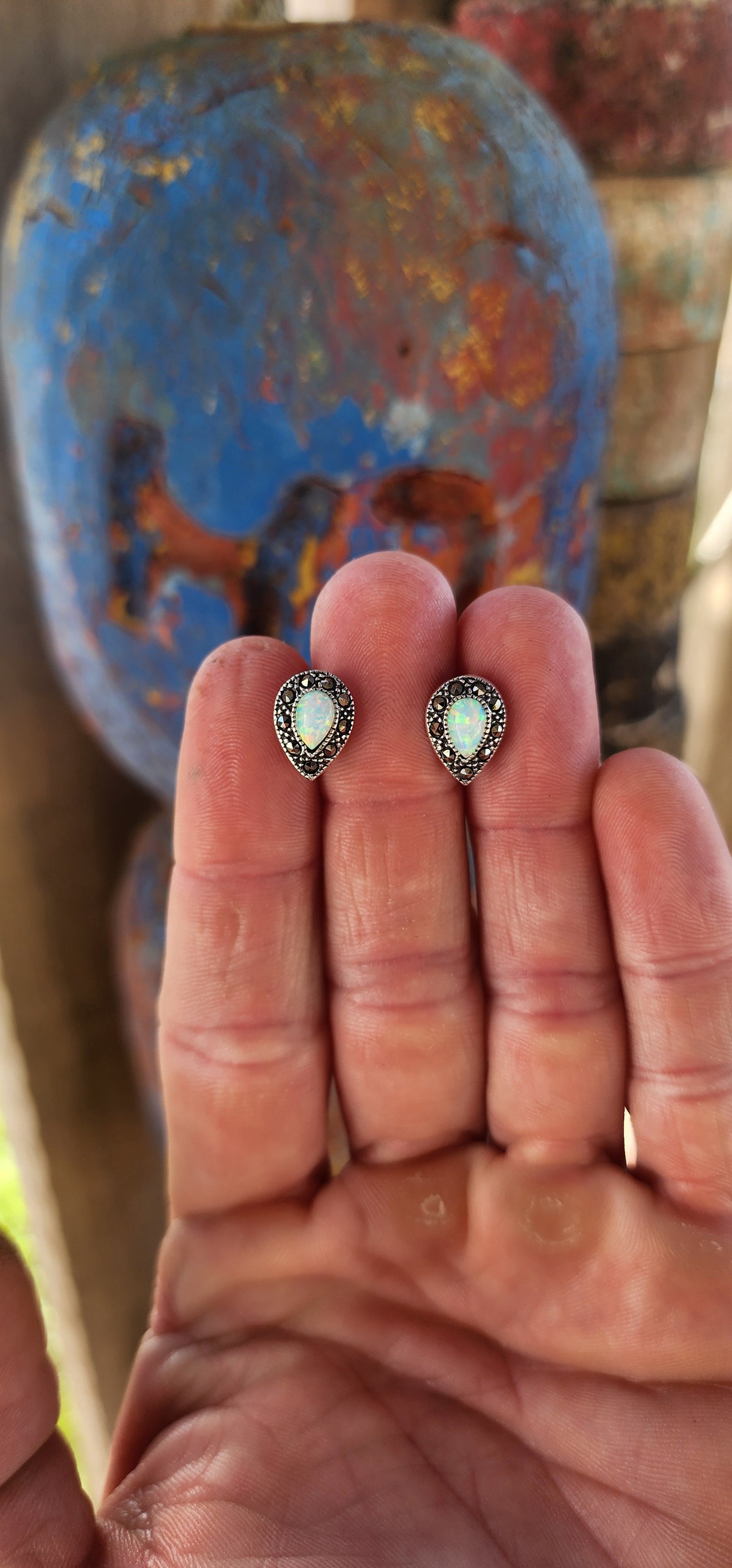 Beautiful Sterling Silver Pear-Cut Kyoto Opal & Marcasite Halo Stud Earrings.