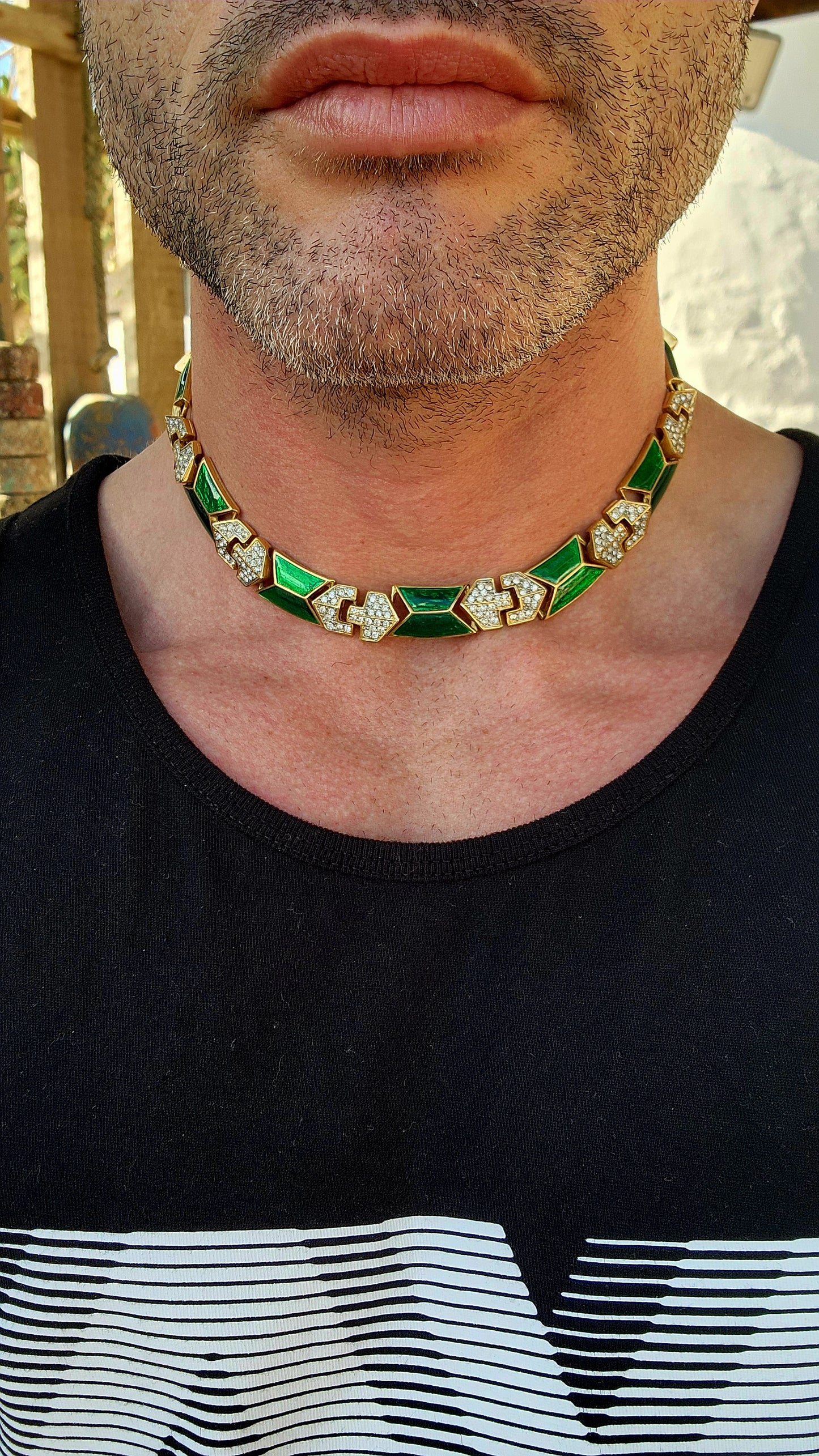 Museum-worthy, chunky, and impossibly beautiful vintage 1980s designer costume jewellery set, consisting of a bold choker necklace and matching clip-on earrings.