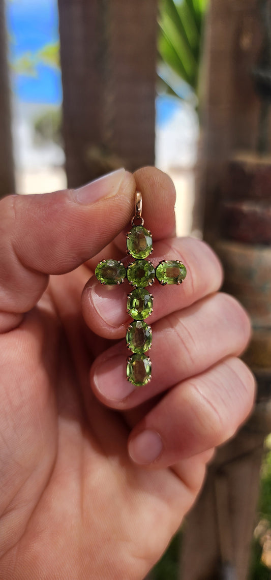 Marvelous Vintage 9ct Rose Gold & Natural Peridot Cross Pendant with Biblical Symbolism & Meaning.
