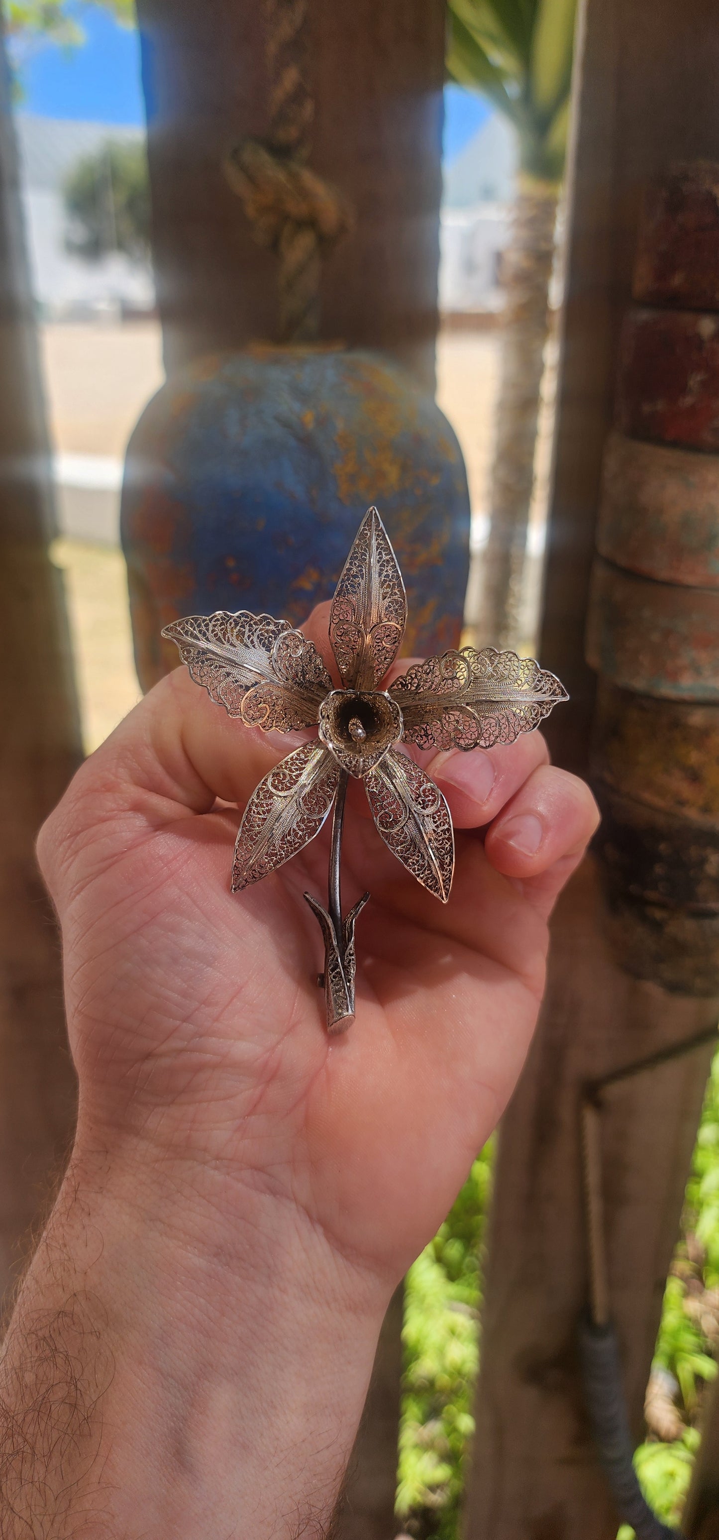 Massive Vintage Portuguese Sterling Silver Filigree Orchid Brooch.