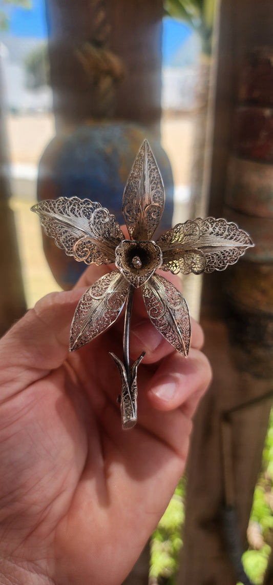 Massive Vintage Portuguese Sterling Silver Filigree Orchid Brooch.