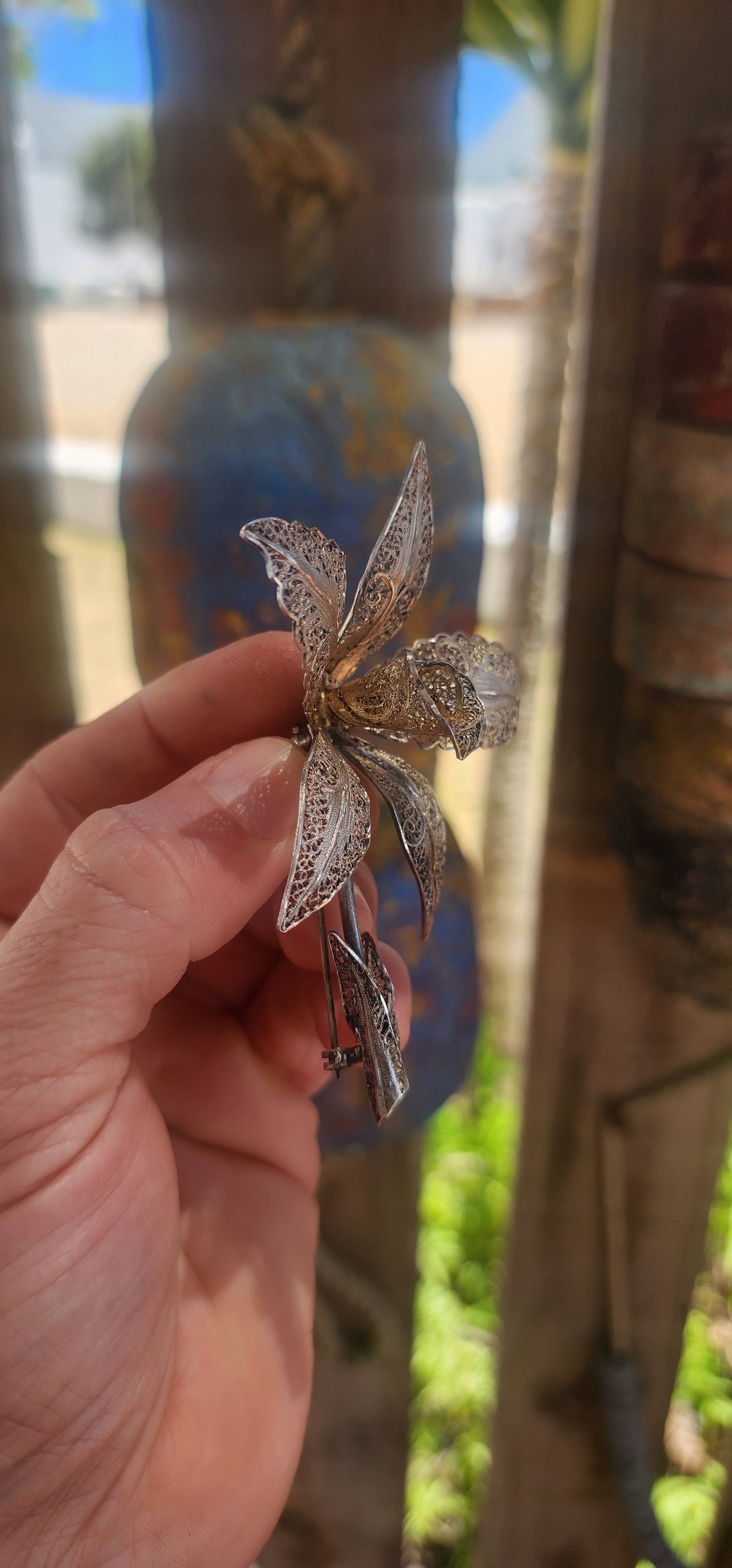 Massive Vintage Portuguese Sterling Silver Filigree Orchid Brooch.