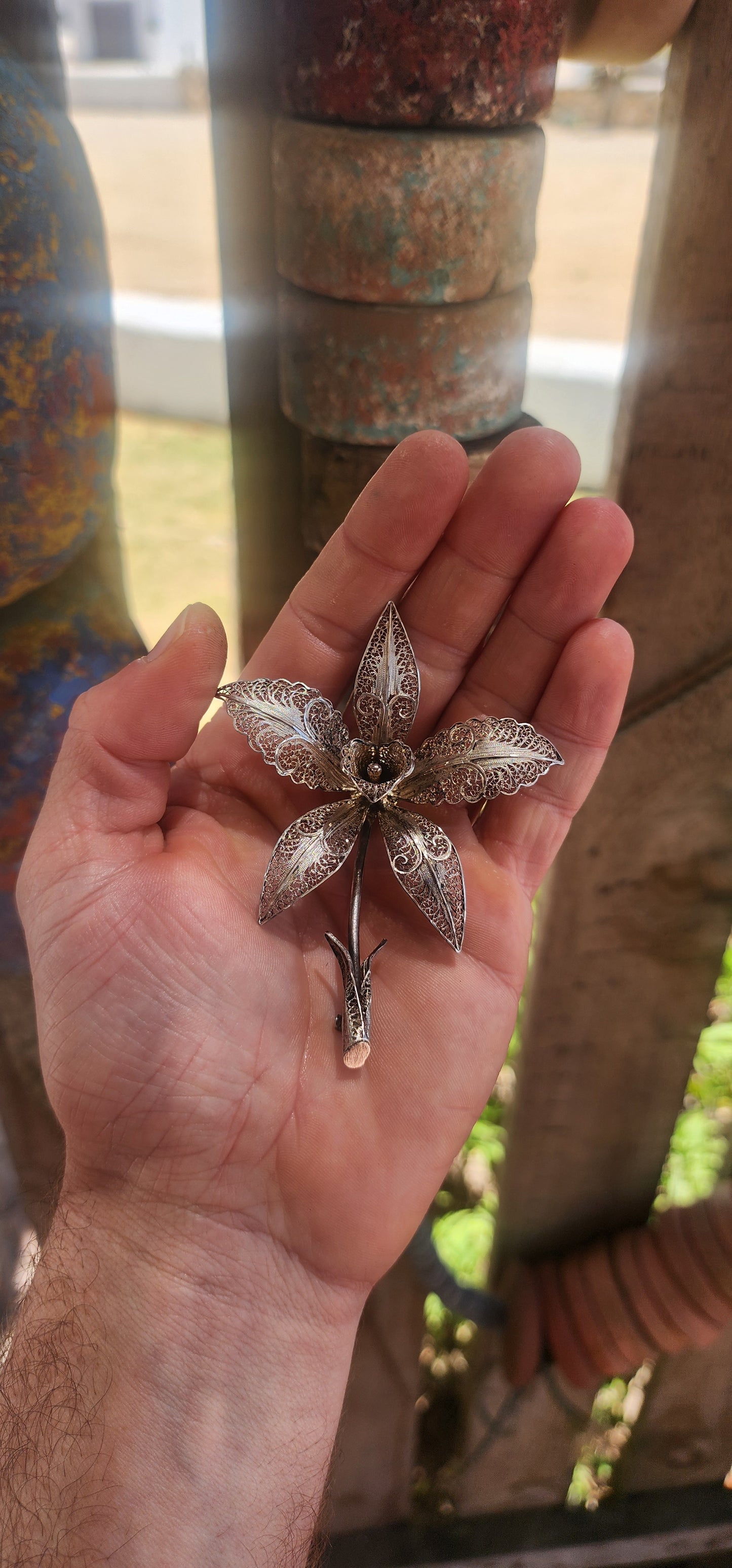 Massive Vintage Portuguese Sterling Silver Filigree Orchid Brooch.