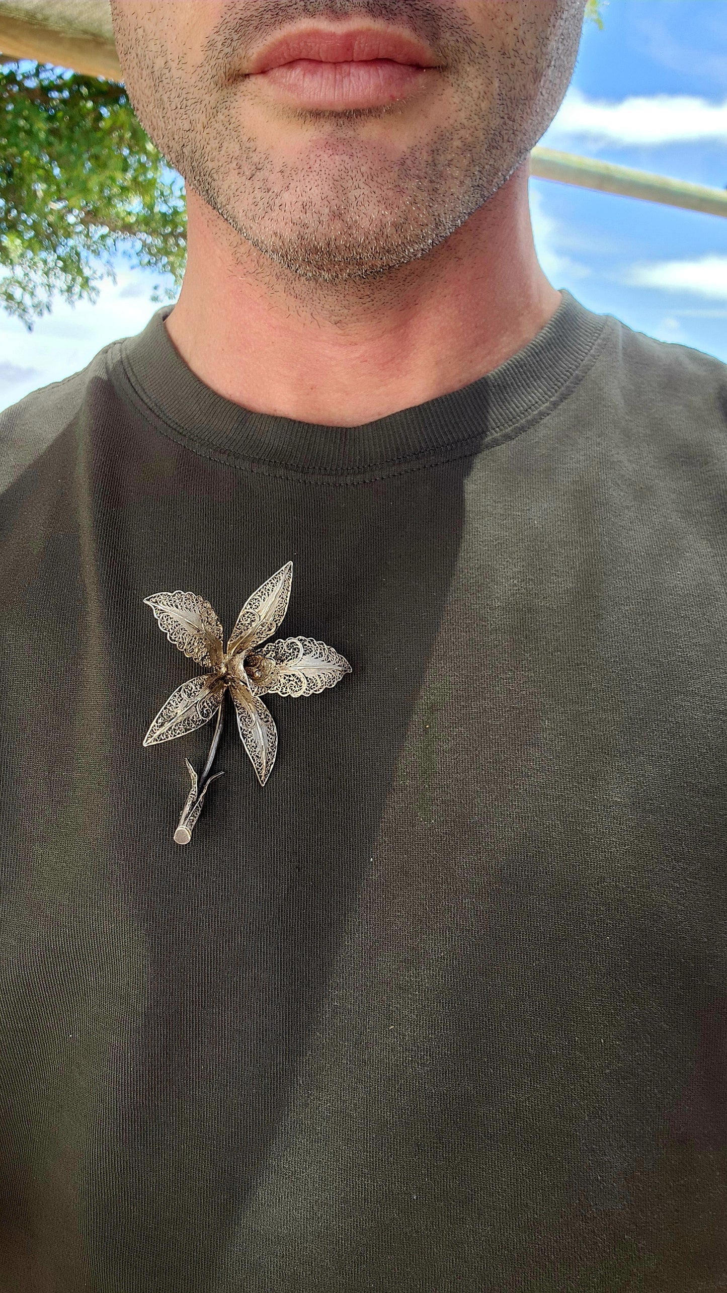Massive Vintage Portuguese Sterling Silver Filigree Orchid Brooch.