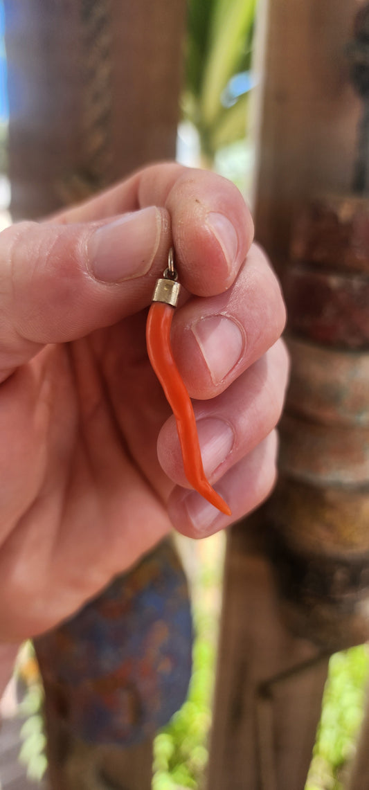 Antique Victorian-era Cornicello pendant, crafted with a sterling silver cap and a beautifully curved piece of genuine Mediterranean red coral.