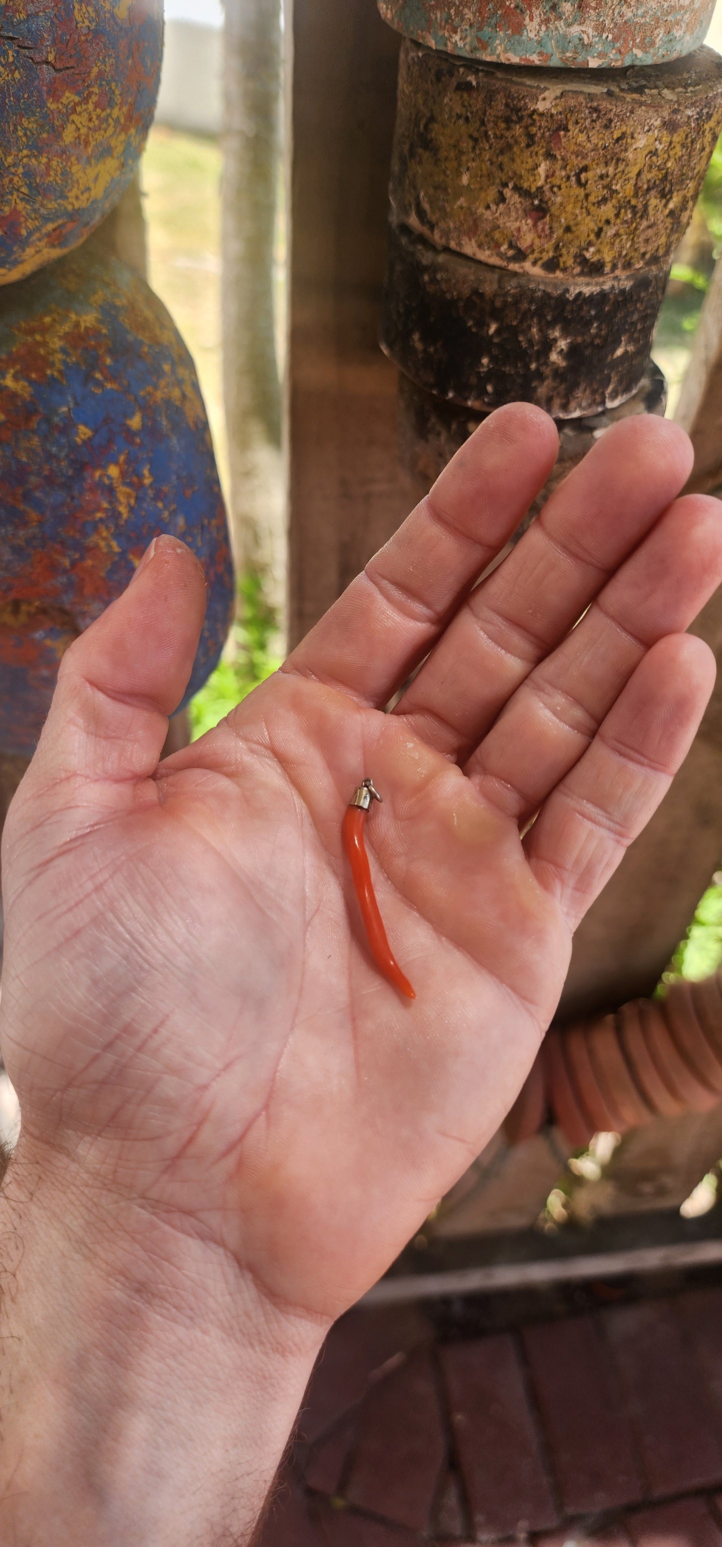 Antique Victorian-era Cornicello pendant, crafted with a sterling silver cap and a beautifully curved piece of genuine Mediterranean red coral.