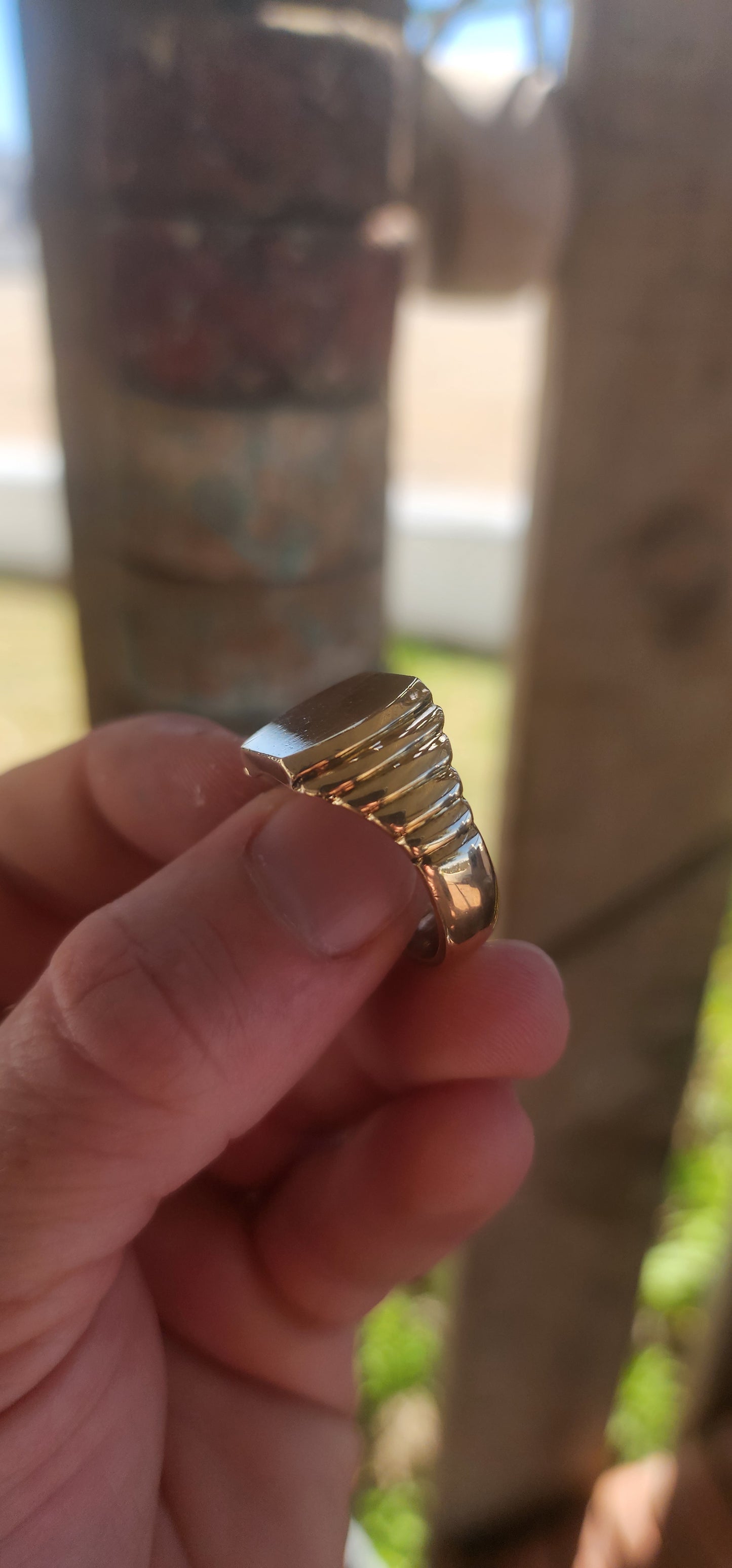 Chunky vintage men’s signet ring, masterfully crafted in a rich golden brass, carrying serious presence and personality.