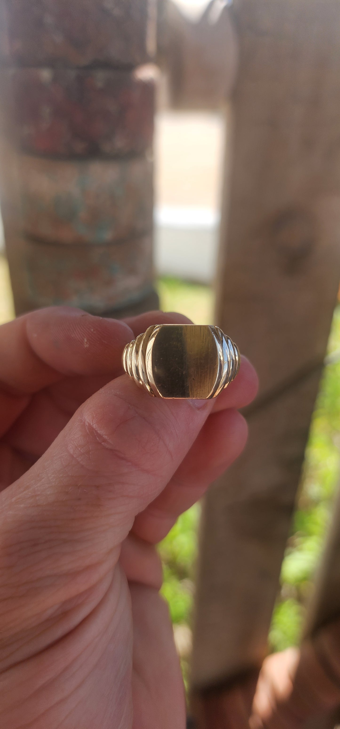 Chunky vintage men’s signet ring, masterfully crafted in a rich golden brass, carrying serious presence and personality.
