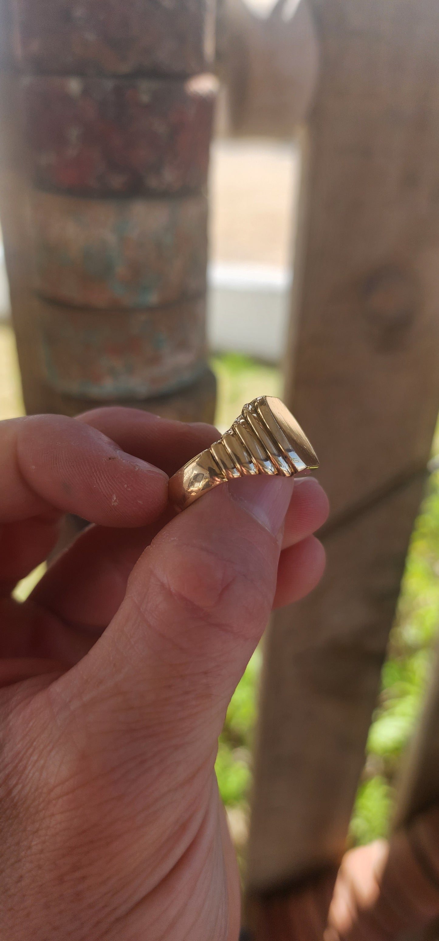 Chunky vintage men’s signet ring, masterfully crafted in a rich golden brass, carrying serious presence and personality.
