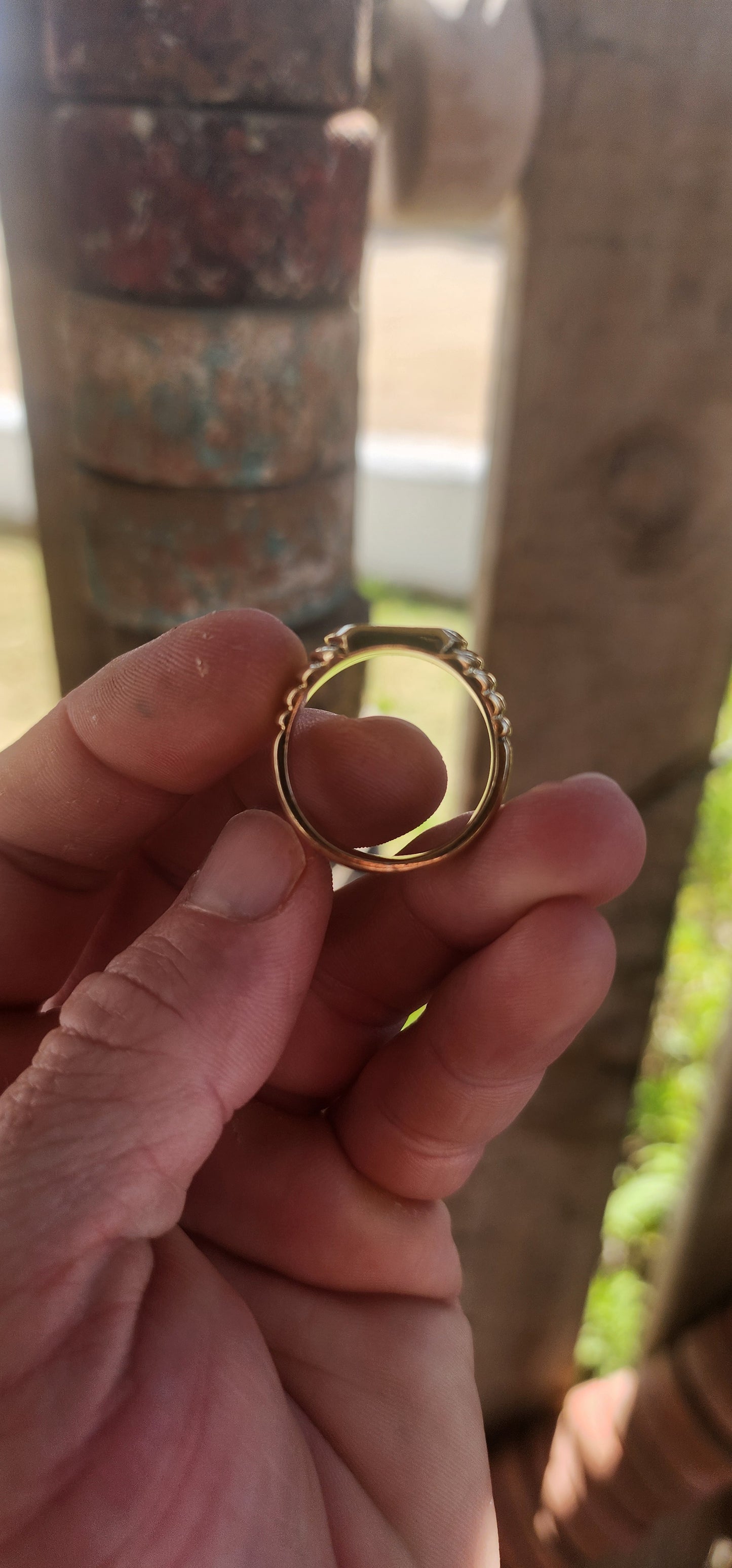 Chunky vintage men’s signet ring, masterfully crafted in a rich golden brass, carrying serious presence and personality.