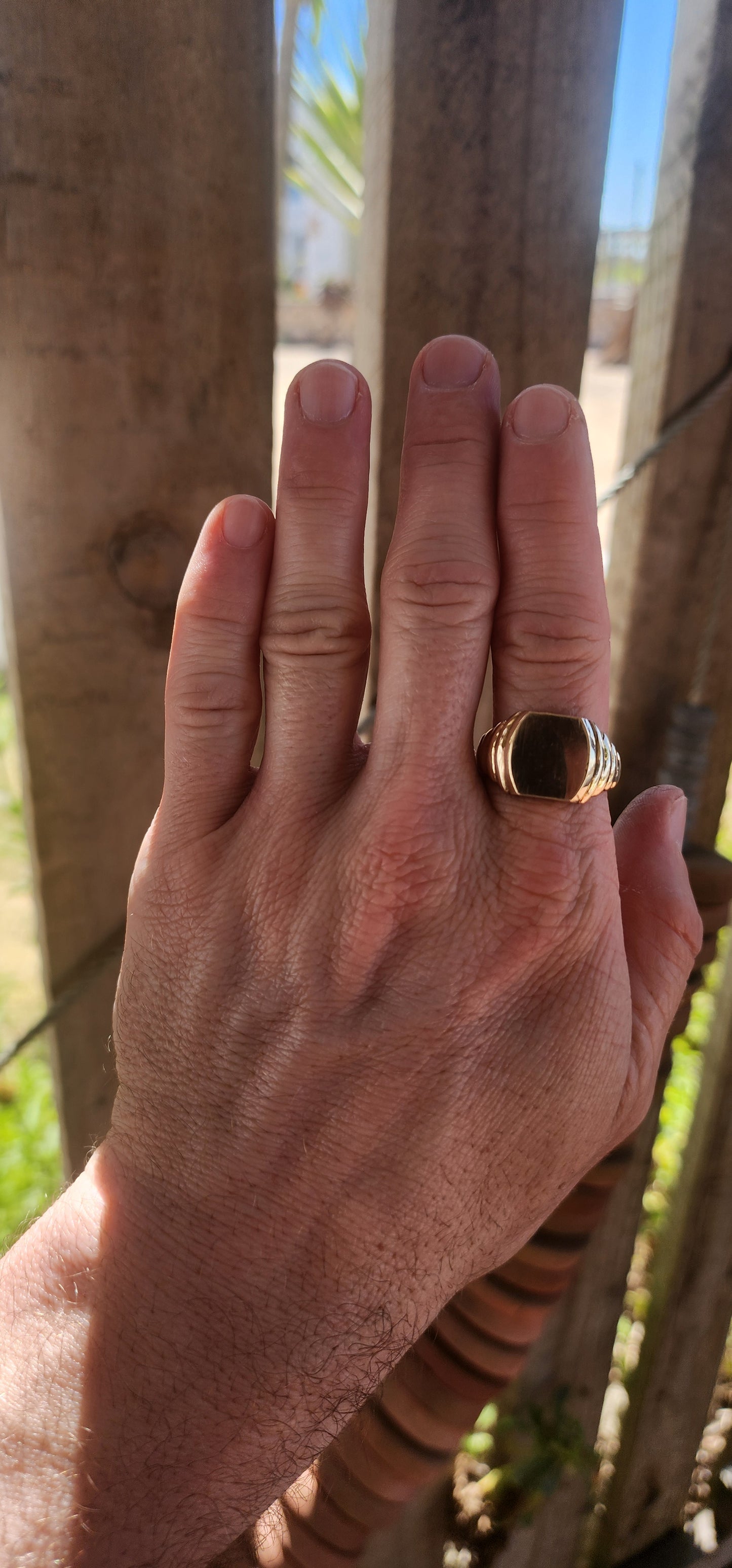 Chunky vintage men’s signet ring, masterfully crafted in a rich golden brass, carrying serious presence and personality.