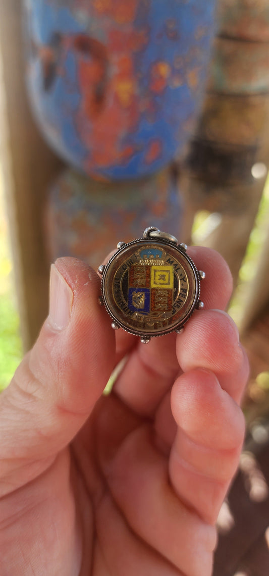 Antique Victorian Era c.1887 Sterling Silver & Enamel Queen Victoria Shilling Fob Pendant.