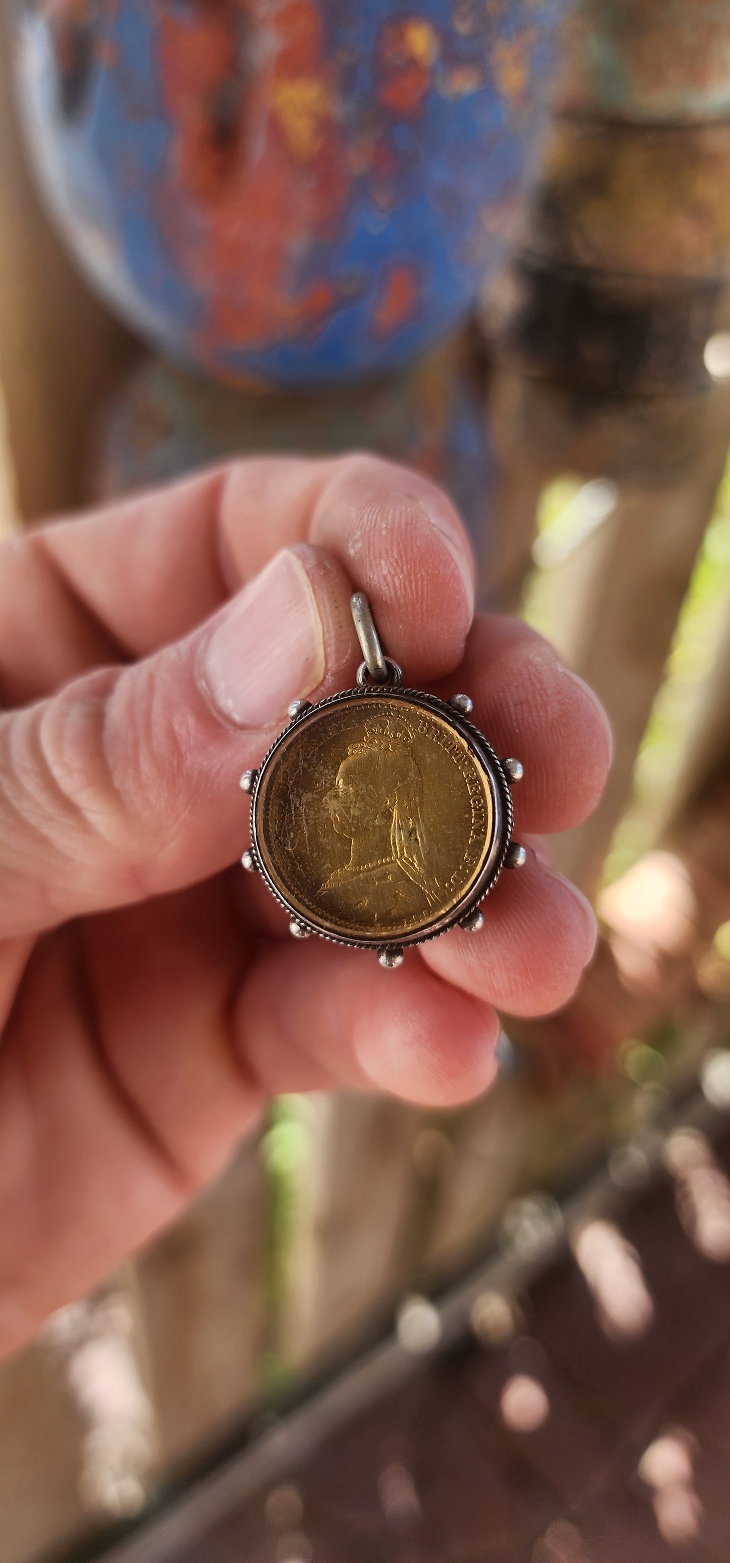 Antique Victorian Era c.1887 Sterling Silver & Enamel Queen Victoria Shilling Fob Pendant.