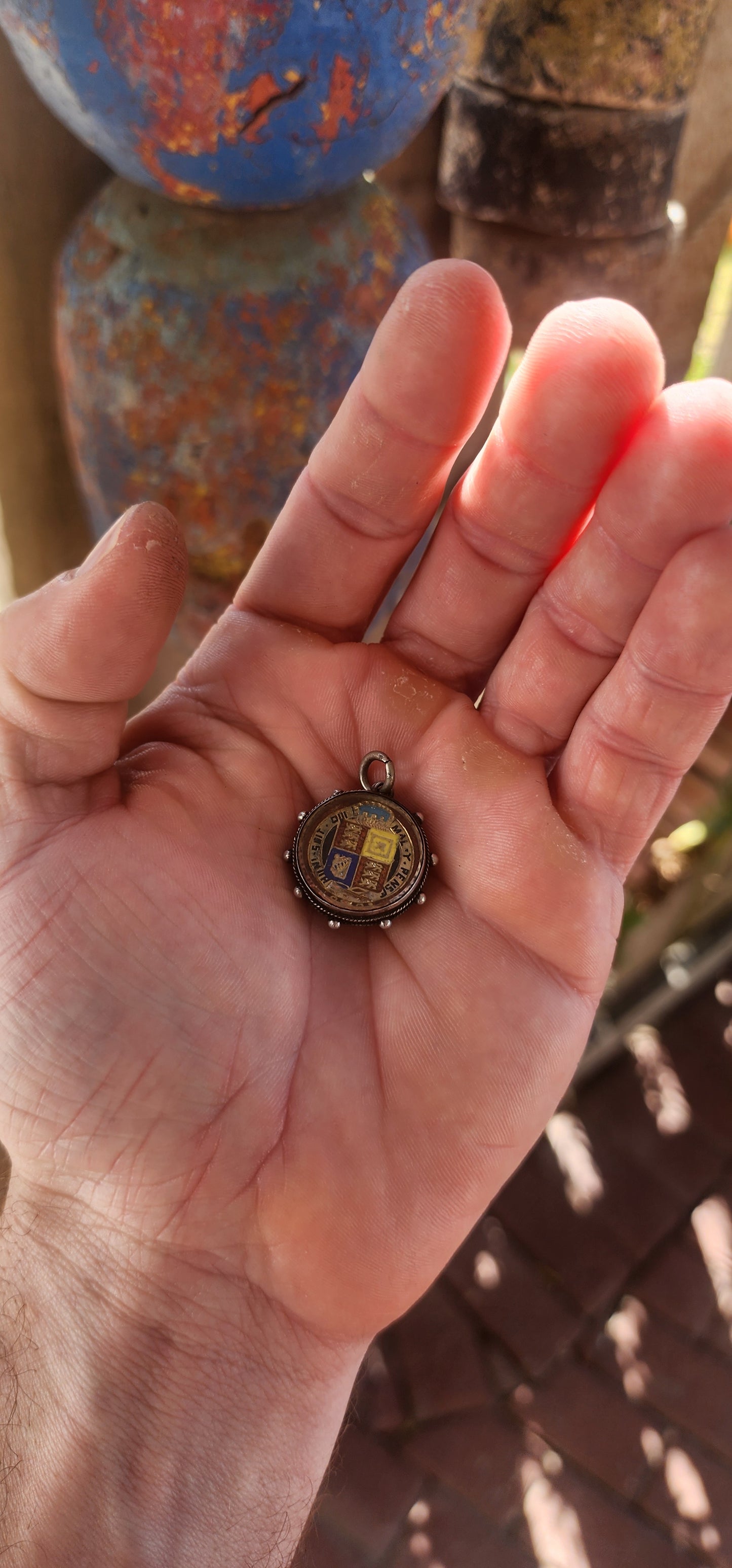 Antique Victorian Era c.1887 Sterling Silver & Enamel Queen Victoria Shilling Fob Pendant.