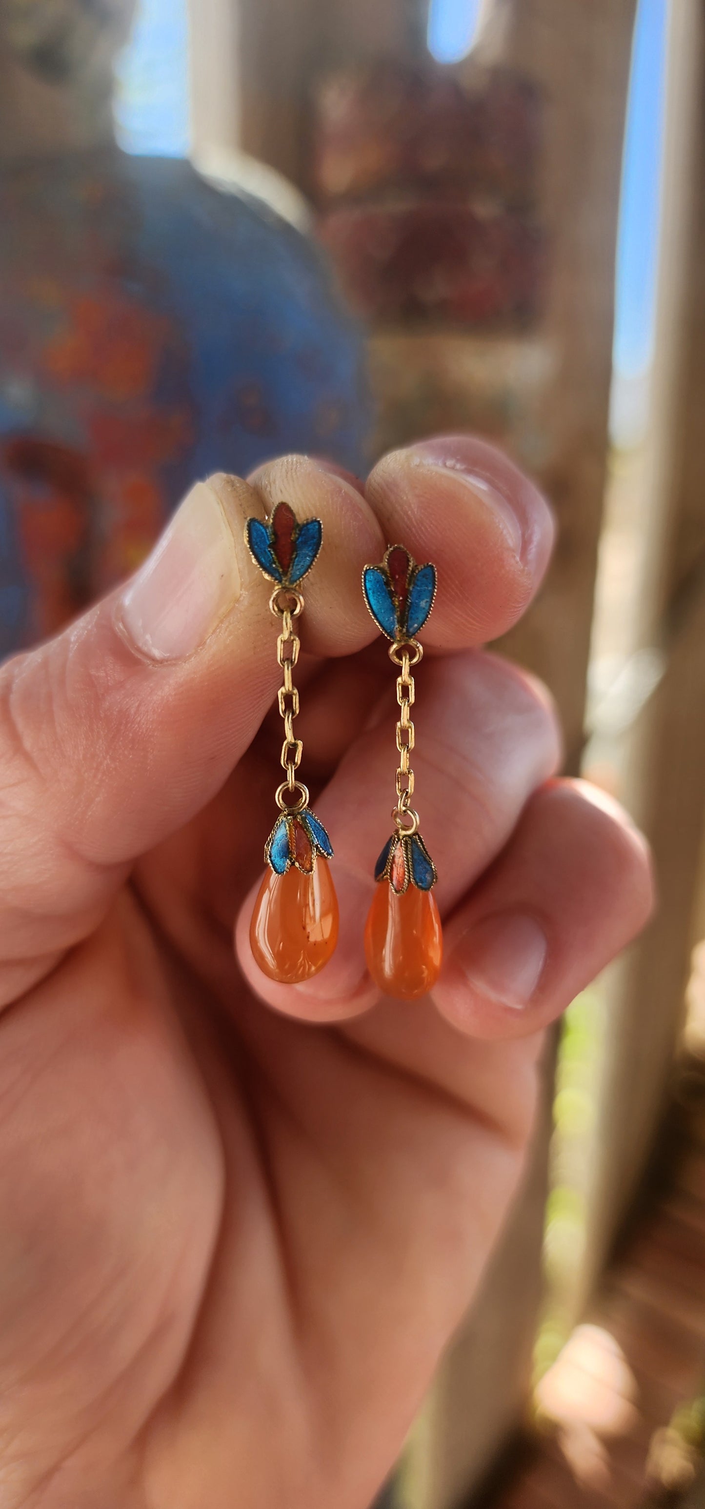 Vintage Chinese/Oriental Revival Sterling Silver Earrings with Carnelian Drops & Enamel Lotus Motifs.