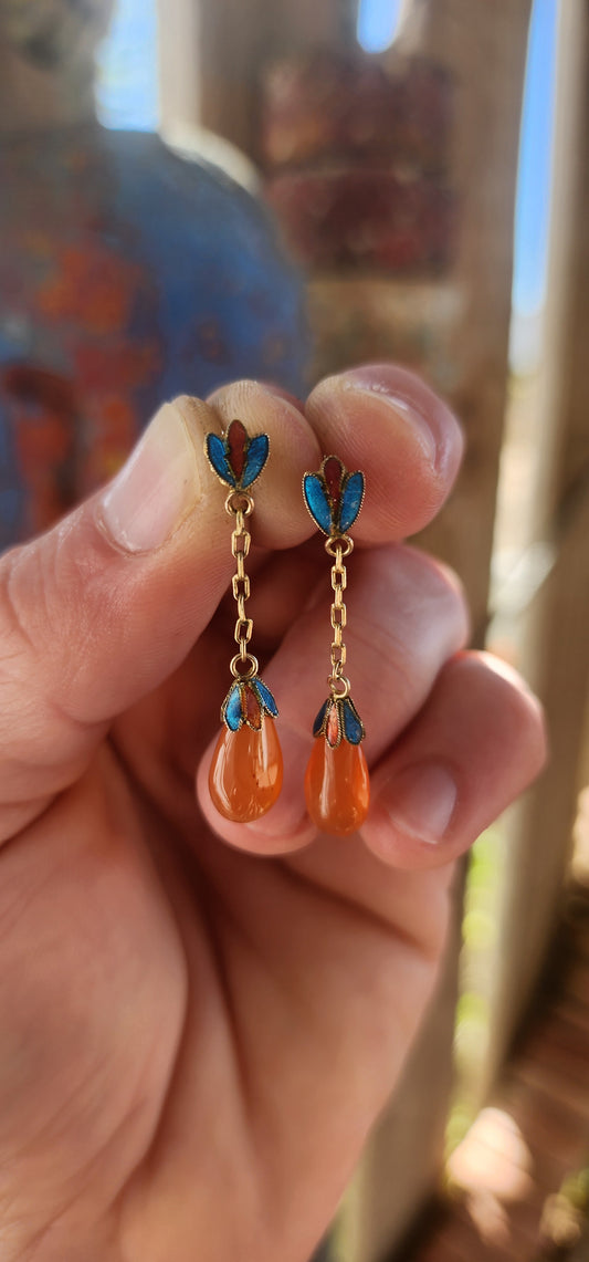 Vintage Chinese/Oriental Revival Sterling Silver Earrings with Carnelian Drops & Enamel Lotus Motifs.