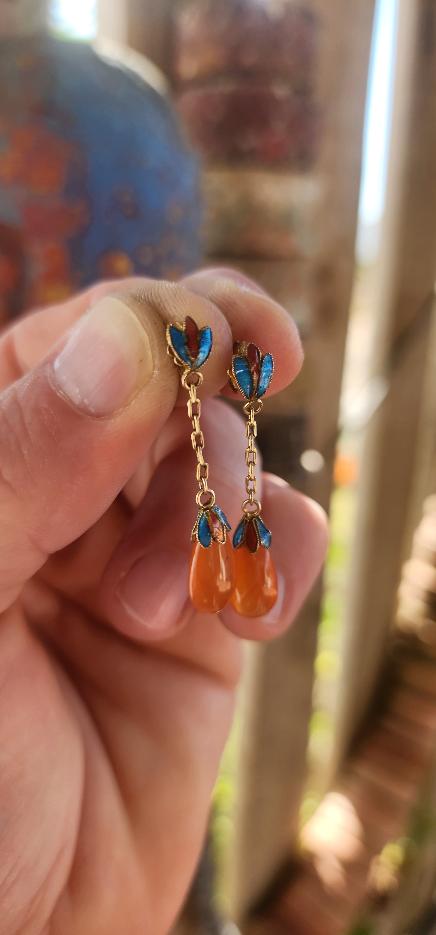 Vintage Chinese/Oriental Revival Sterling Silver Earrings with Carnelian Drops & Enamel Lotus Motifs.